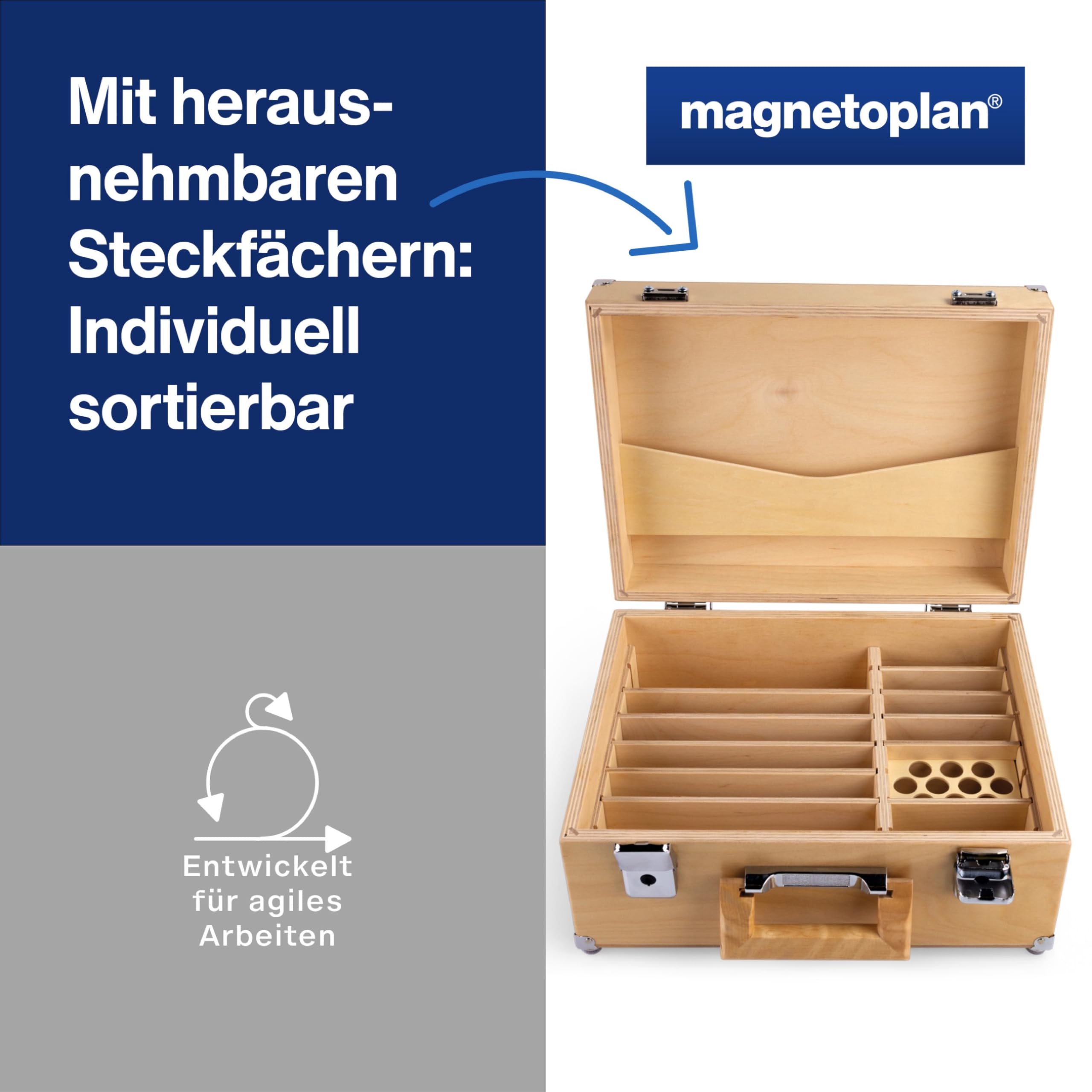 magnetoplan Moderatorenkoffer Wood Series | BxHxT 360x270x170 mm | Aus FSC-zertifiziertem Birkenholz | Mit 2400 Einzelteilen wie Whiteboard Stifte + Moderationskarten für Büro + Präsentation
