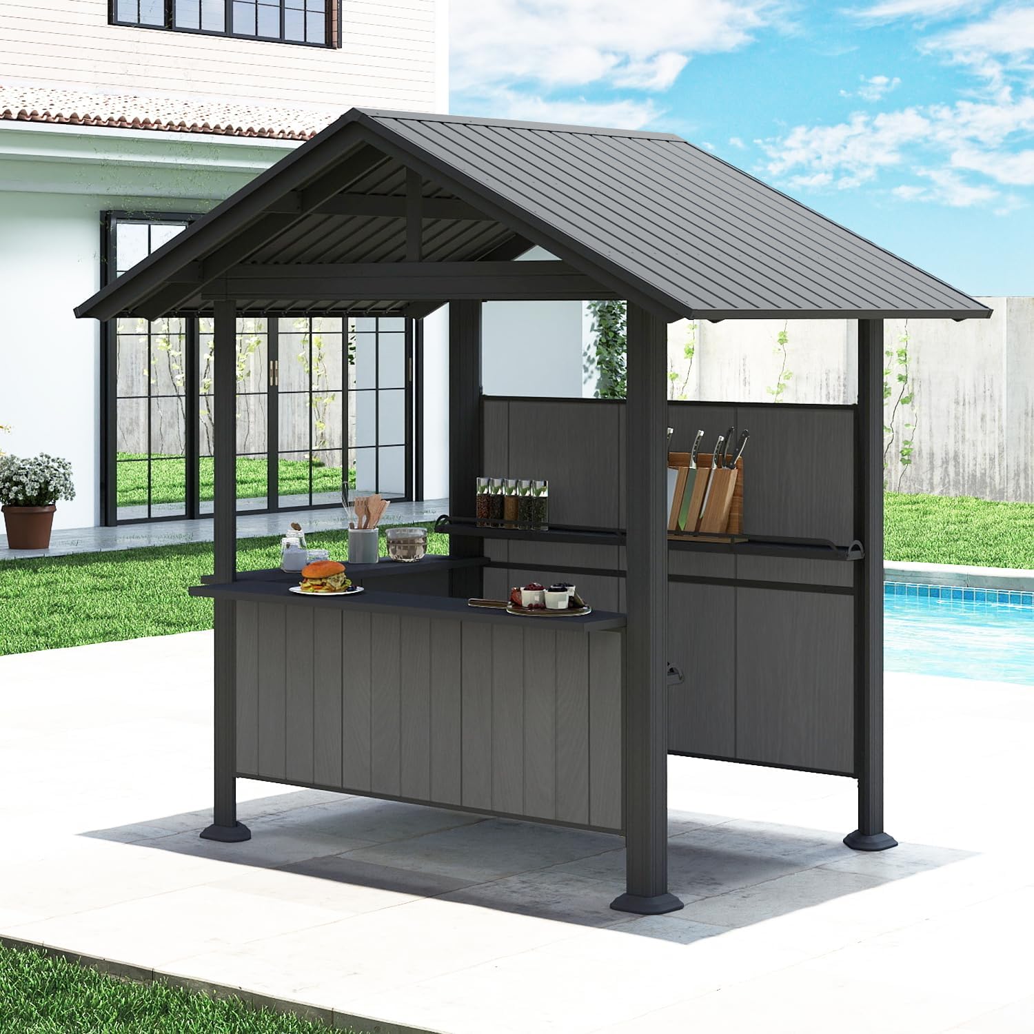 Domi Outdoor Bar Grill Gazebo Review: A Steel Bar Counter Under a Sloped Hardtop