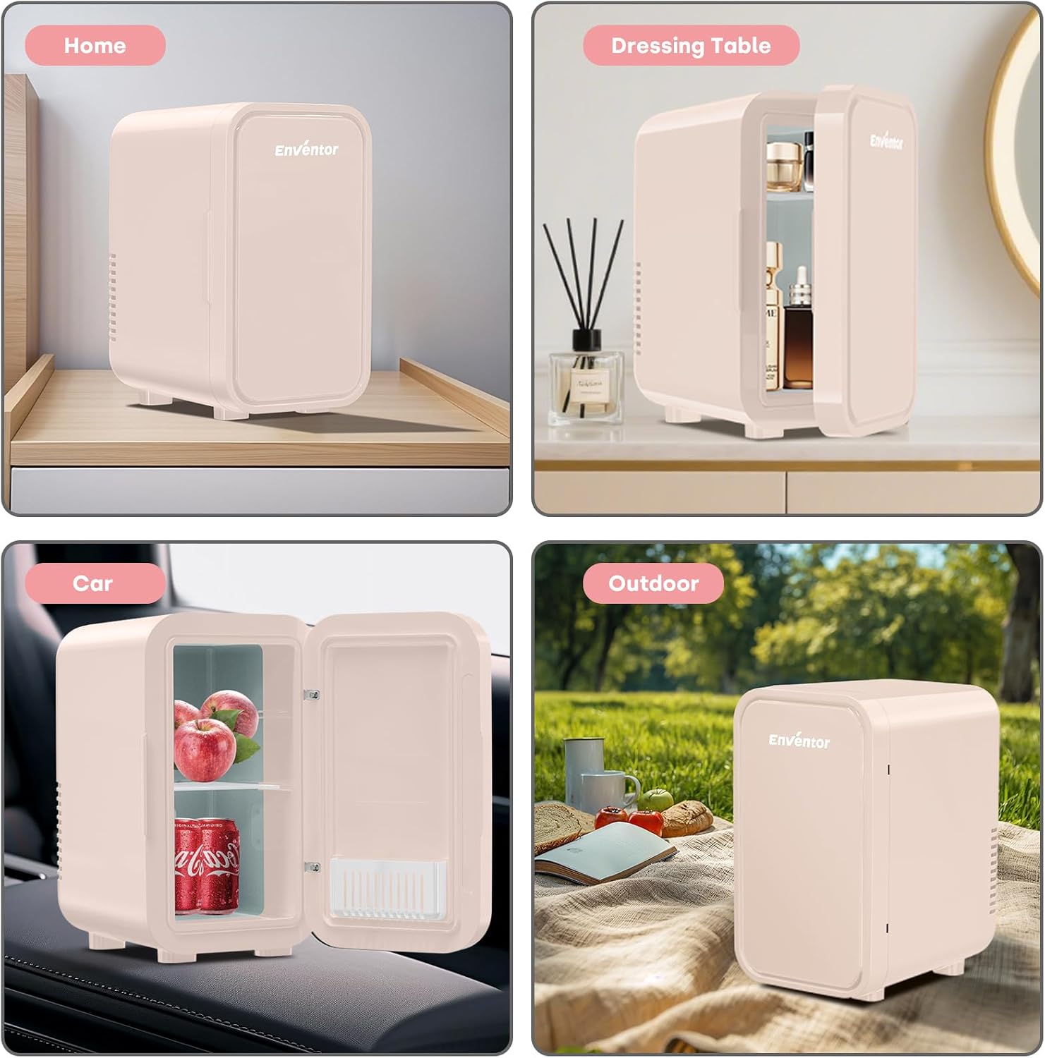 Enventor Mini Refrigerator, 6L/ 8 Can Compact Skincare Fridge AC+DC Power Cooler & Warmer Small Refrigerator for Bedroom, Skincare, Makeup, Cosmetics, Car, Office (Pink)