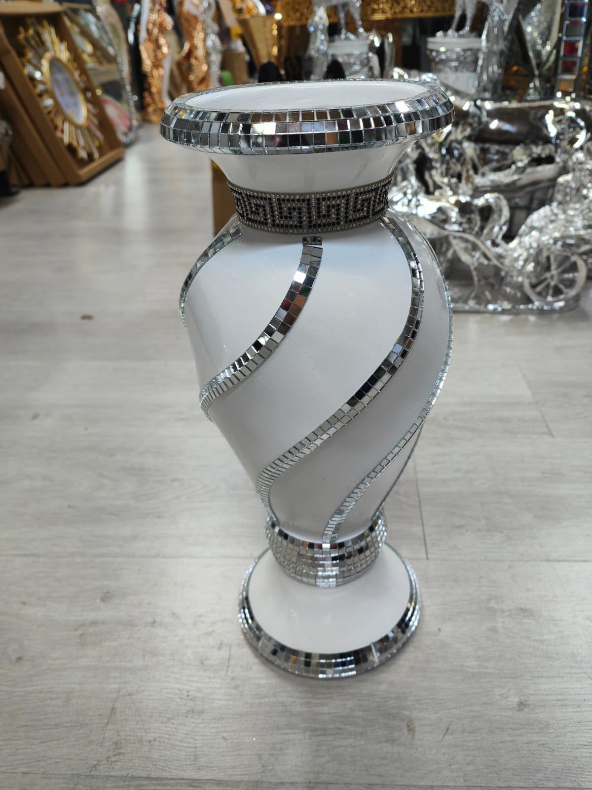 Deenz White V070 40Cm Spiral Crushed Diamond Ceramic Vase Sculpture Flower Pot Sparkle Ornament Bling Vase Handmade (White V070)