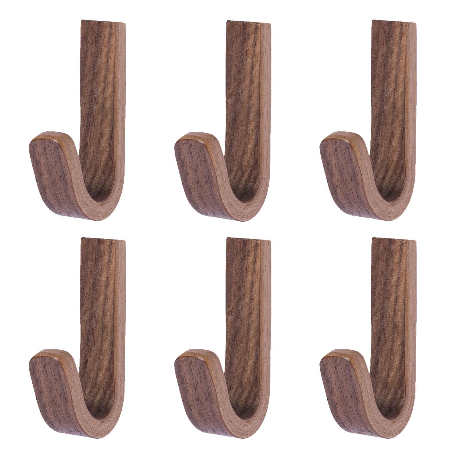 Tniytru 6 Pcs Black Walnut Self-Adhesive J-Type Wooden Wall Hooks, Heavy Duty Natural Wood Key Holders & Coat Rack, Wall Mounted Hanging Hooks for Organisation in Bathroom, Bedroom, Entryway, Kitchen