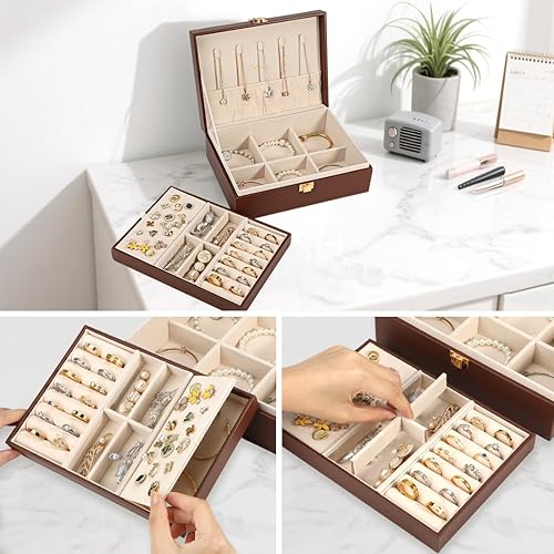 Miniatura 3 de Voova Joyero organizador para mujeres y niñas, 2 capas grandes para hombres, estuche de almacenamiento de joyas de piel sintética con bandeja