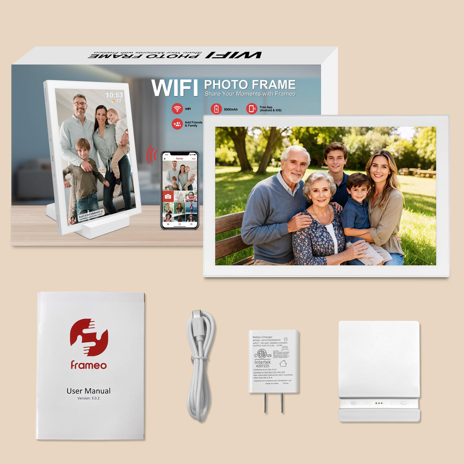 Frameo Digitaler Bilderrahmen 10,1 Zoll WLAN, 5000mAh Akku mit kabelloser Ladestation, 32GB Speicher, HD IPS Touchscreen, Auto-Rotation, Sofortiges Teilen von Fotos und Videos via Frameo App– Der idea