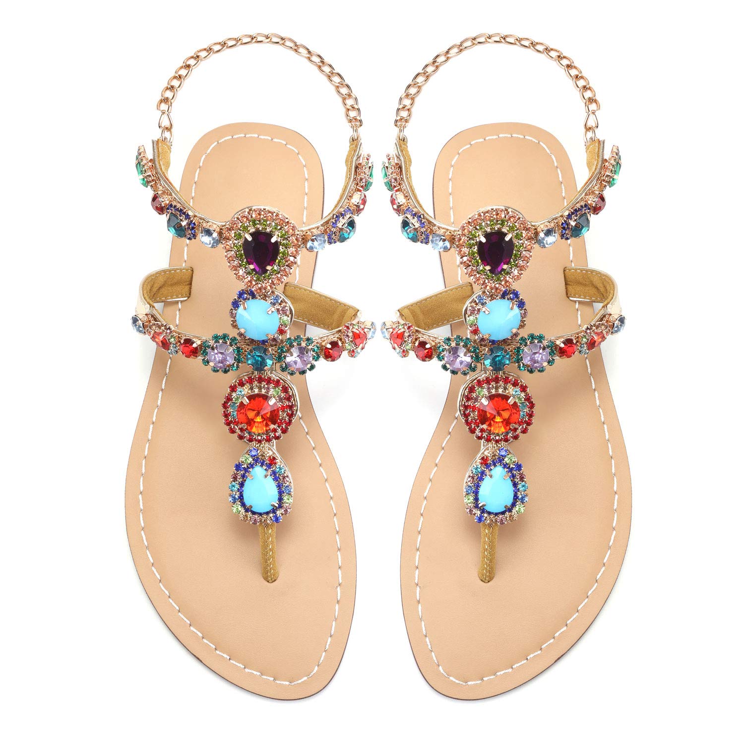 AIJIVOU Women's Rhinestone Flat Sandals, Women Flip Flops with Clip Toe RingBeadeed Rhinestone Crystal Jeweled Sandal Shoes for Summer Beach Oceanside