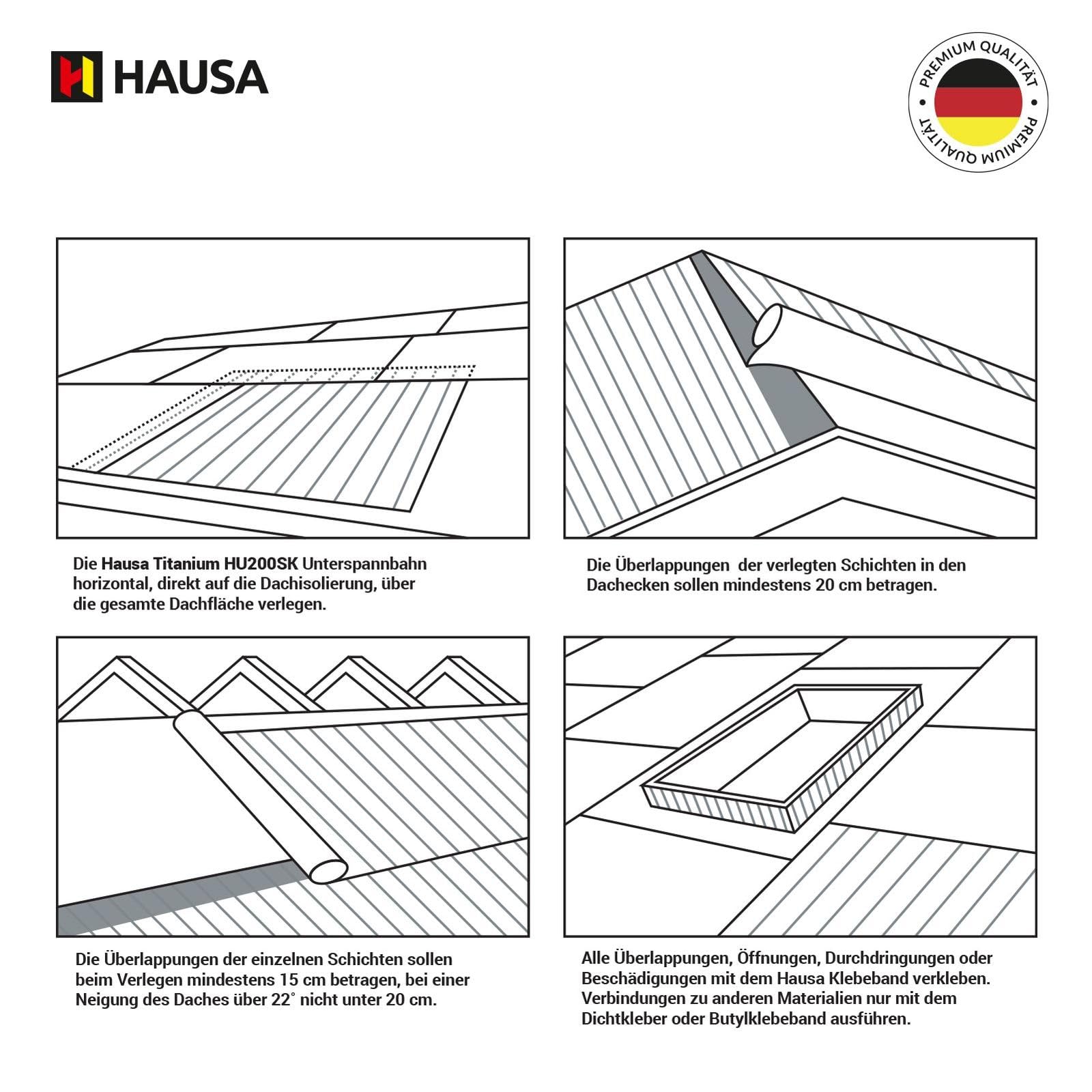 HAUSA Titanium HU200 Membrane de sous-toiture 200g/m² 225m² 3x(1,5mx50m) hautement perméable imperméable résistante aux intempéries au vieillissement indéchirable, avec 2 bandes autocollantes