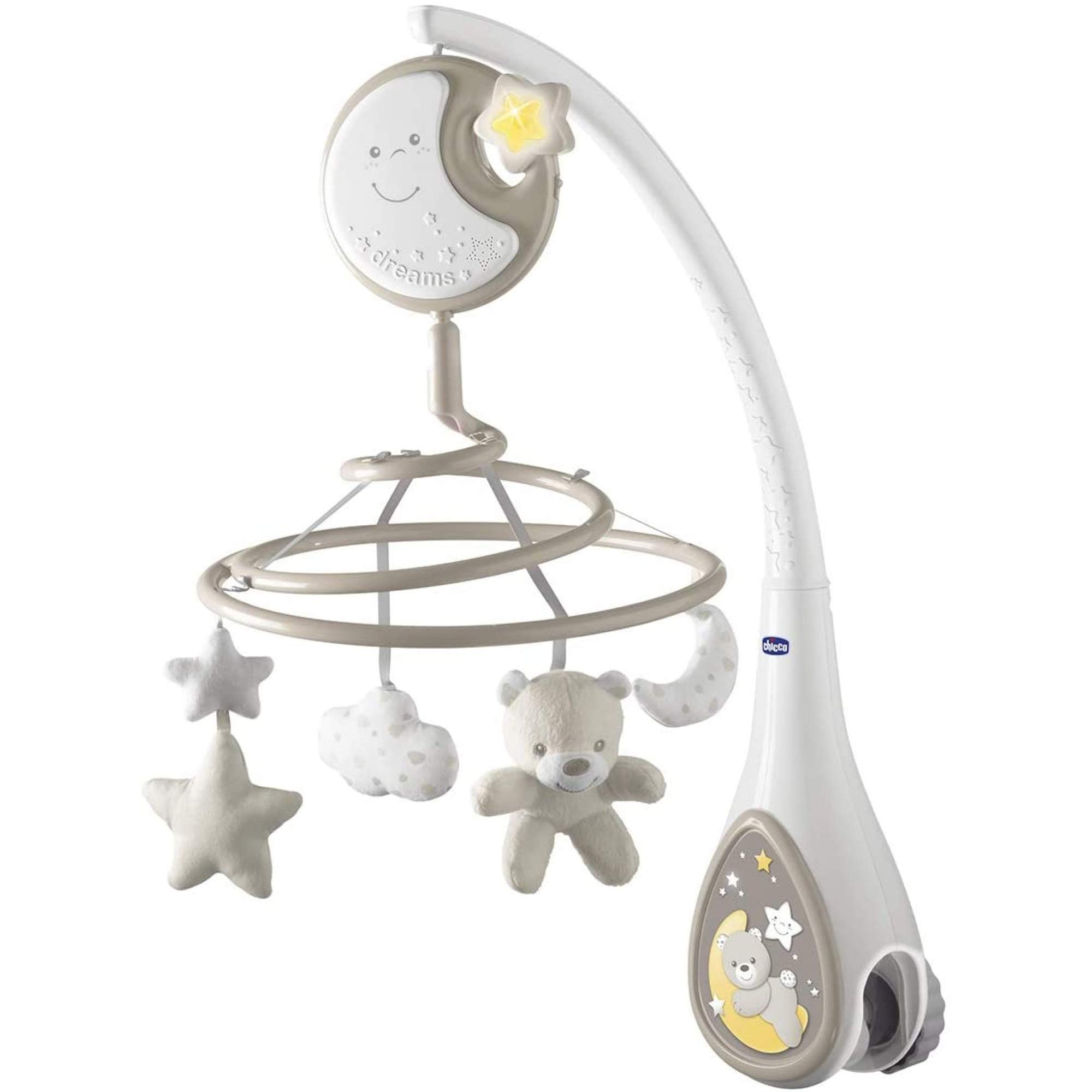 Chicco Next2Dreams Baby Mobile with Music Box for Cot and Bed - 3 in 1 Baby Mobile Compatible with Next2Me Cot, with Sound Effects, Soft Night Light Projector and Classical Music - 0+ Months, Beige