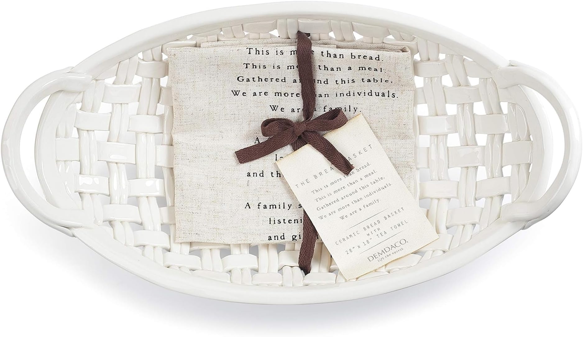 DEMDACO Bread Basket White 15 x 8 Ceramic Earthenware Decorative Bowl With Towel