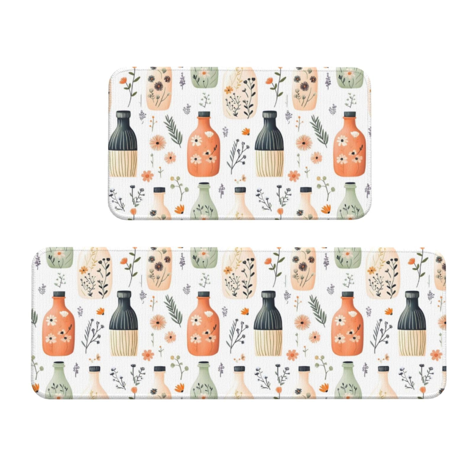 GVYGVY Antifatigue Kitchen Mats for Floor 2 Piece - Bottle Colorful Flower Print Kitchen Rugs Washable, Non Slip Runner Rug Standing Mat for Office/Bathroom/Laundry/Home Decor and Accessories