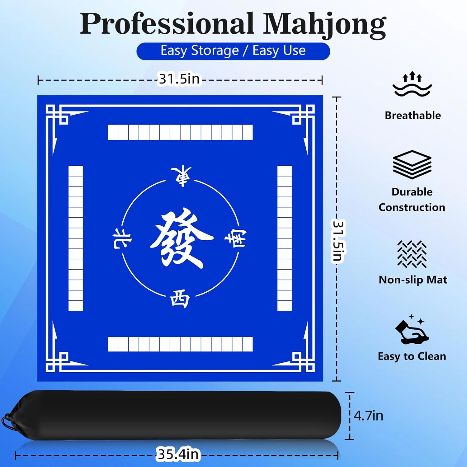 Mahjong Mat, Anti Slip and Noise Reduction 31.5 * 31.5 Inch Mahjong Mat for Table with Portable Storage Bag for Mahjong, Poker, Dominoes and Other Board Game Mat (Blue-1)