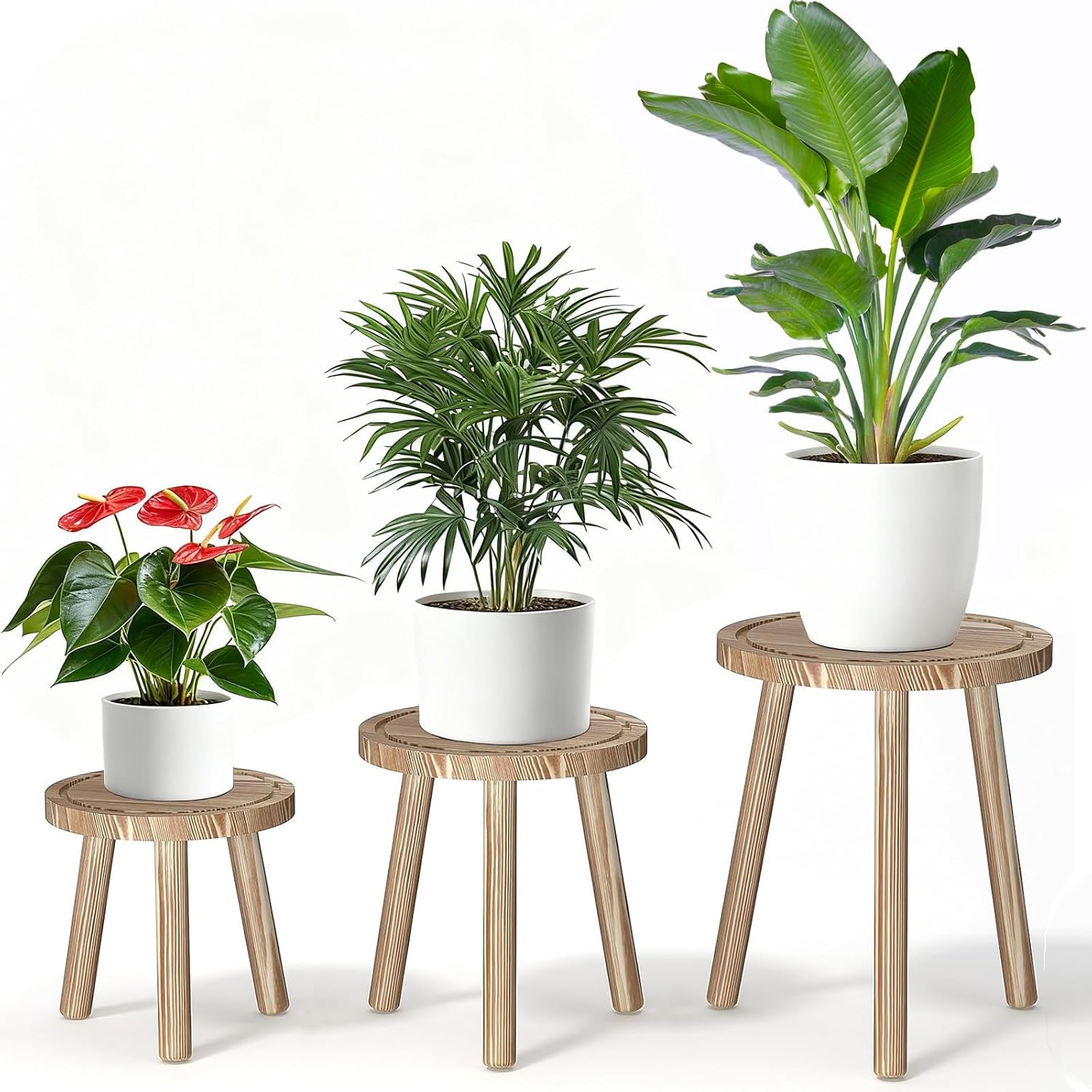 3 Pack Plant Stand Indoor Outdoor Mid-Century Modern Plant Stool Wooden Plant Pot Holder Home Decor for Gardening Living Room,Balcony,Office (Heavy Burnt Color, 3 Pack)