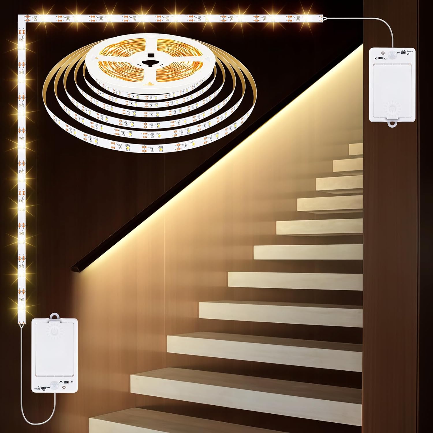 OMIKA Dual Sensor Stair Lights Indoor, Rechargeable 16.4ft LED Strip Light, 150 LEDs Double Motion Activated Under Bed Night Lights for Shelves, Stairway, Closet, Corridor, Bedroom, 4000K Nature White