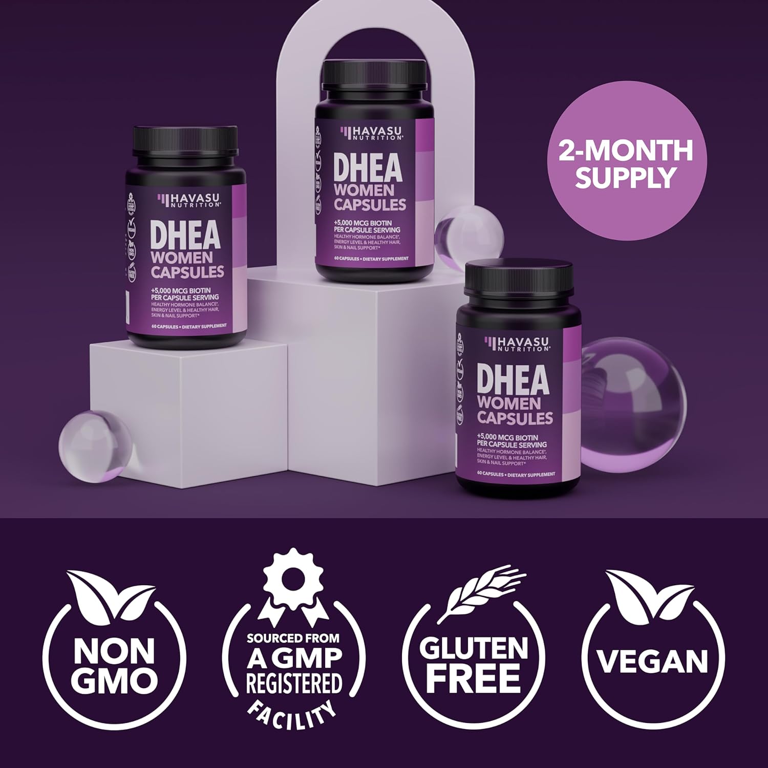 DHEA Supplement for Women with Biotin 5000mcg - DHEA 50mg and Biotin Supplement for Hormone Balance and Hair, Skin, Nail Support - 60 Count - Vegan, Non-GMO, Gluten-Free - 2 Month Supply - Image 7