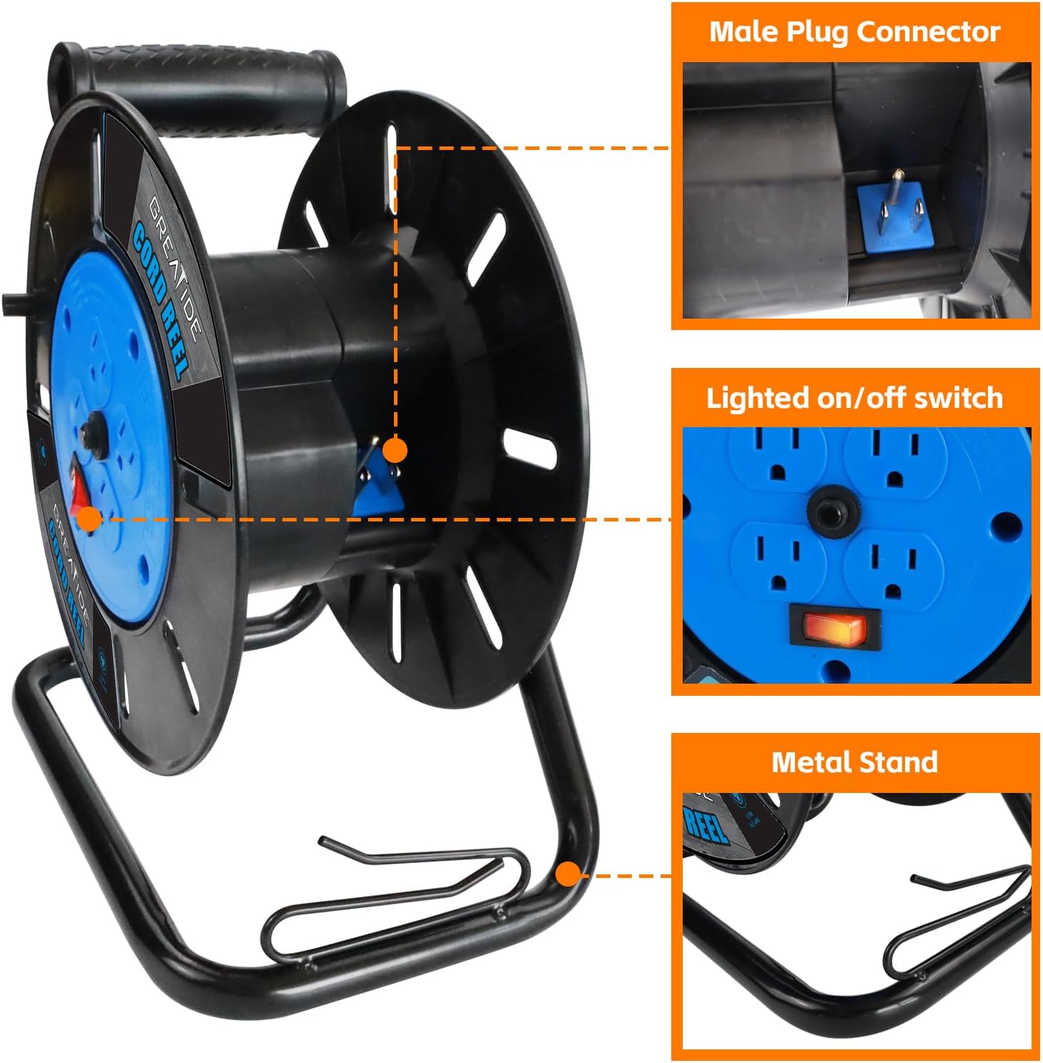 Heavy Duty Extension Cord Storage Reel, 4 Grounded Outlets, 10A Circuit Breaker, Rocker Power Switch, Retractable Hand Wind, Open Cord Reel for 12/3, 14/3, or 16/3 Gauge Power Cord, Blue