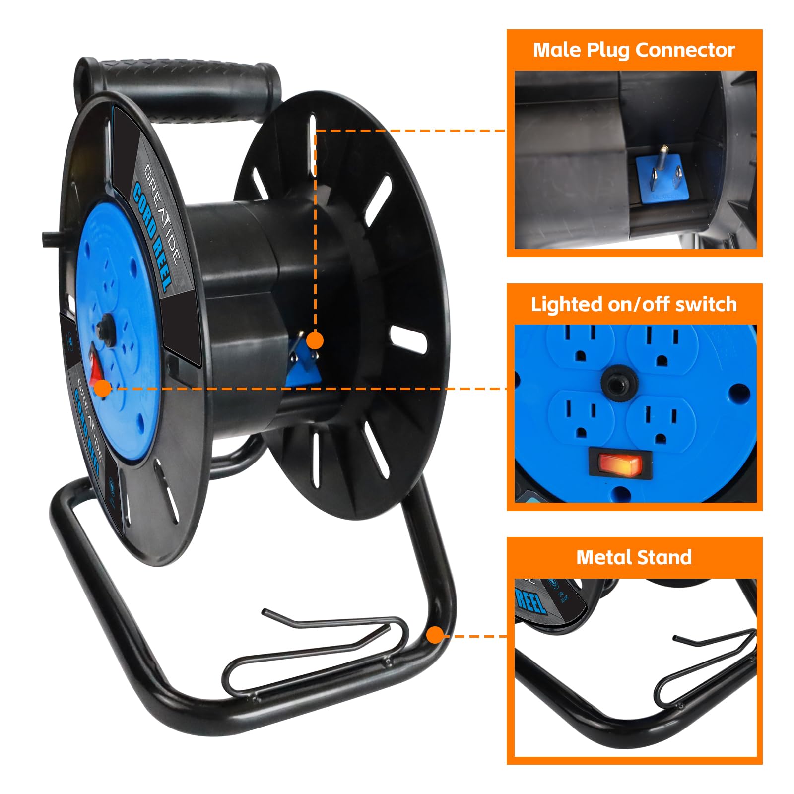 Carrete de almacenamiento de cable de extensión resistente, 4 salidas a tierra, disyuntor de circuito de 10 A, interruptor de alimentación basculante, viento manual retráctil,