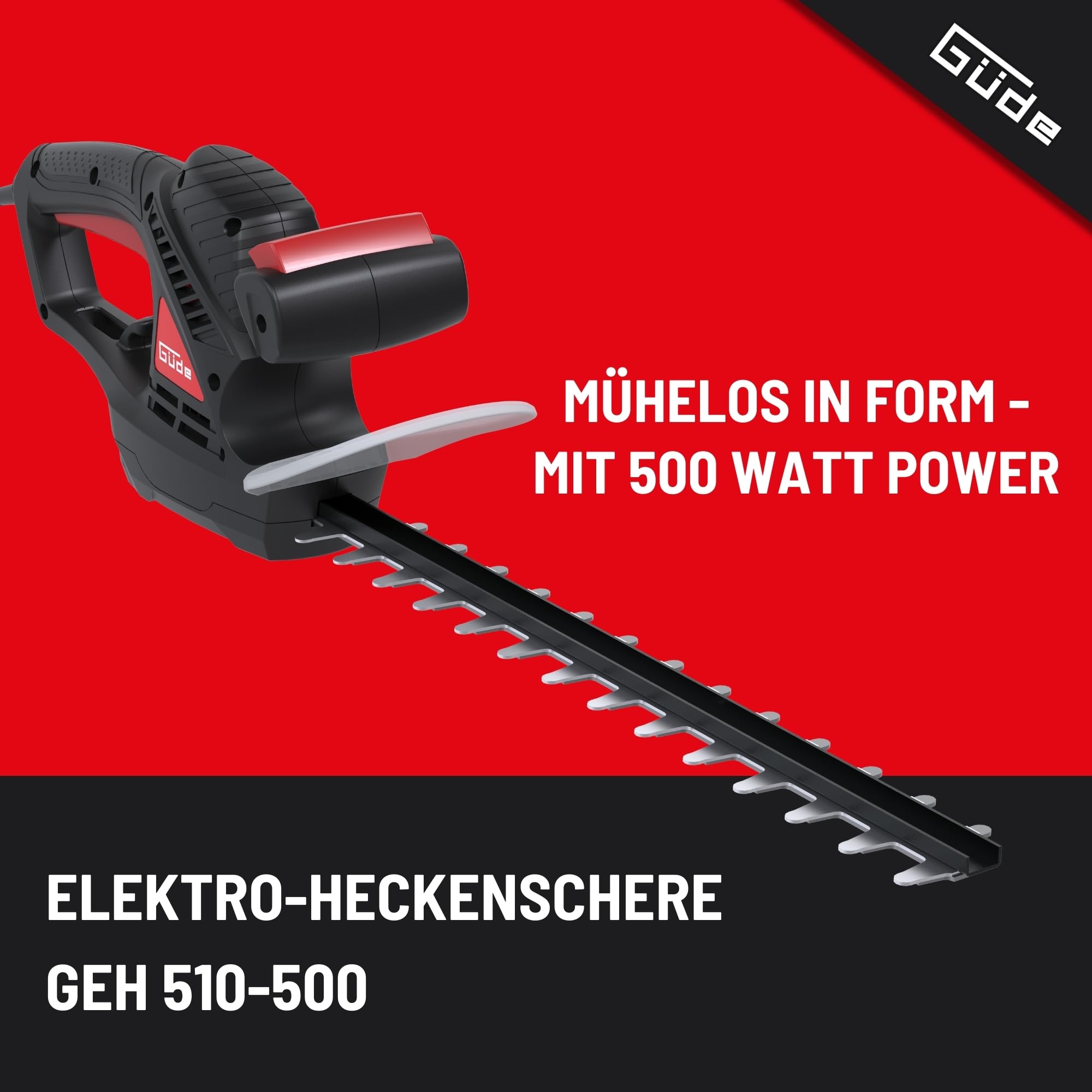 Güde GEH 510-500 Elektro-Heckenschere - 230 Volt, 500 Watt Motorleistung, 45,7 Zentimeter Schnittlänge, 1,6 Zentimeter Schnittstärke, Elektrische Schnellstopp-Bremse, Ergonomisches Design