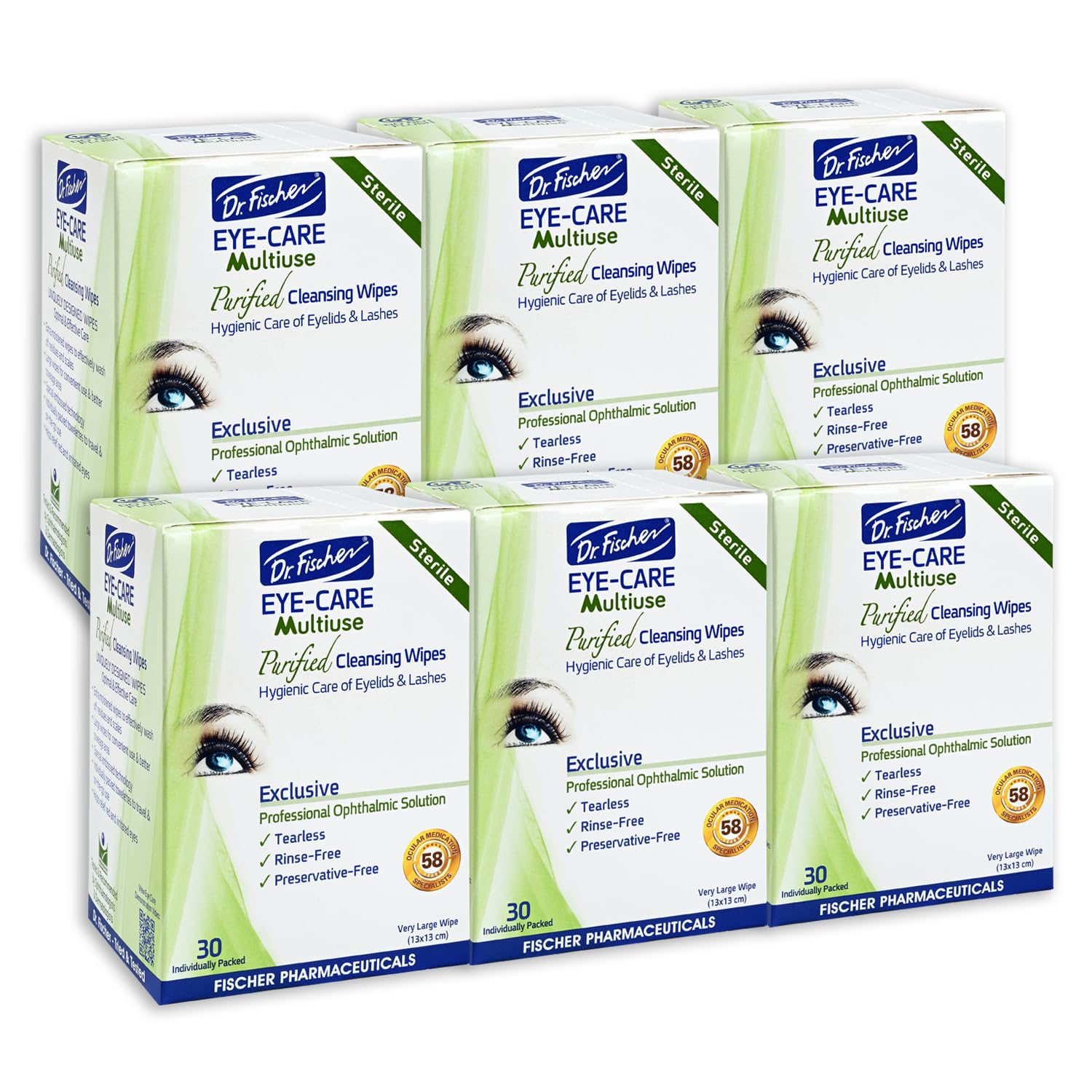 Dr. Fischer Eye Wipes - Hypoallergenic Eyelid Wipes for Everyday Eye Cleansing and Gentle Makeup Remover. (6 packs of 30 wipes each)