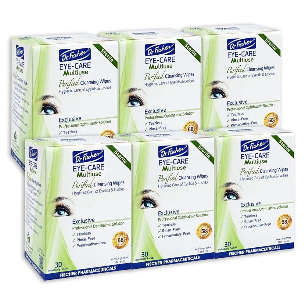 Dr. Fischer Eye Wipes - Hypoallergenic Eyelid Wipes for Everyday Eye Cleansing and Gentle Makeup Remover. (6 packs of 30 wipes each)
