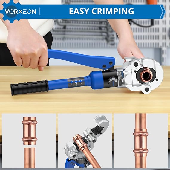 Copper pipe Pro press crimper 8 Ton Hydraulic Tube Fittings Crimping Tool with Vus Dies 1/2, 3/4, 1, 360 Rotating Head Storage Case For Plumbers, Electricians, HVAC Techs