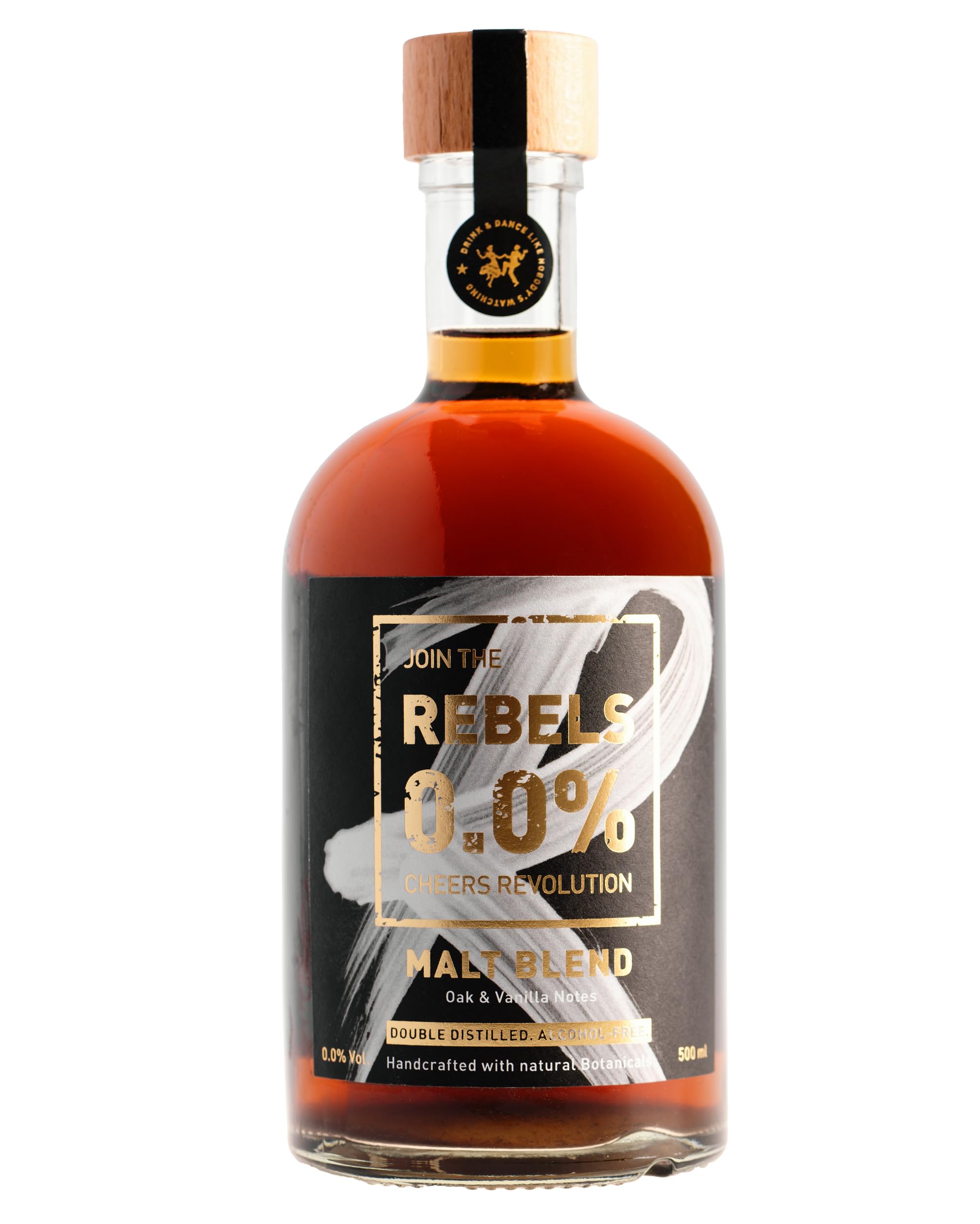 REBELS 0.0% - Alternative sans alcool inspirée du whisky - Malt Blend - 500 ml - Distillé deux fois pour un arôme intense - Végan - Idéal pour mixer un cocktail sans alcool