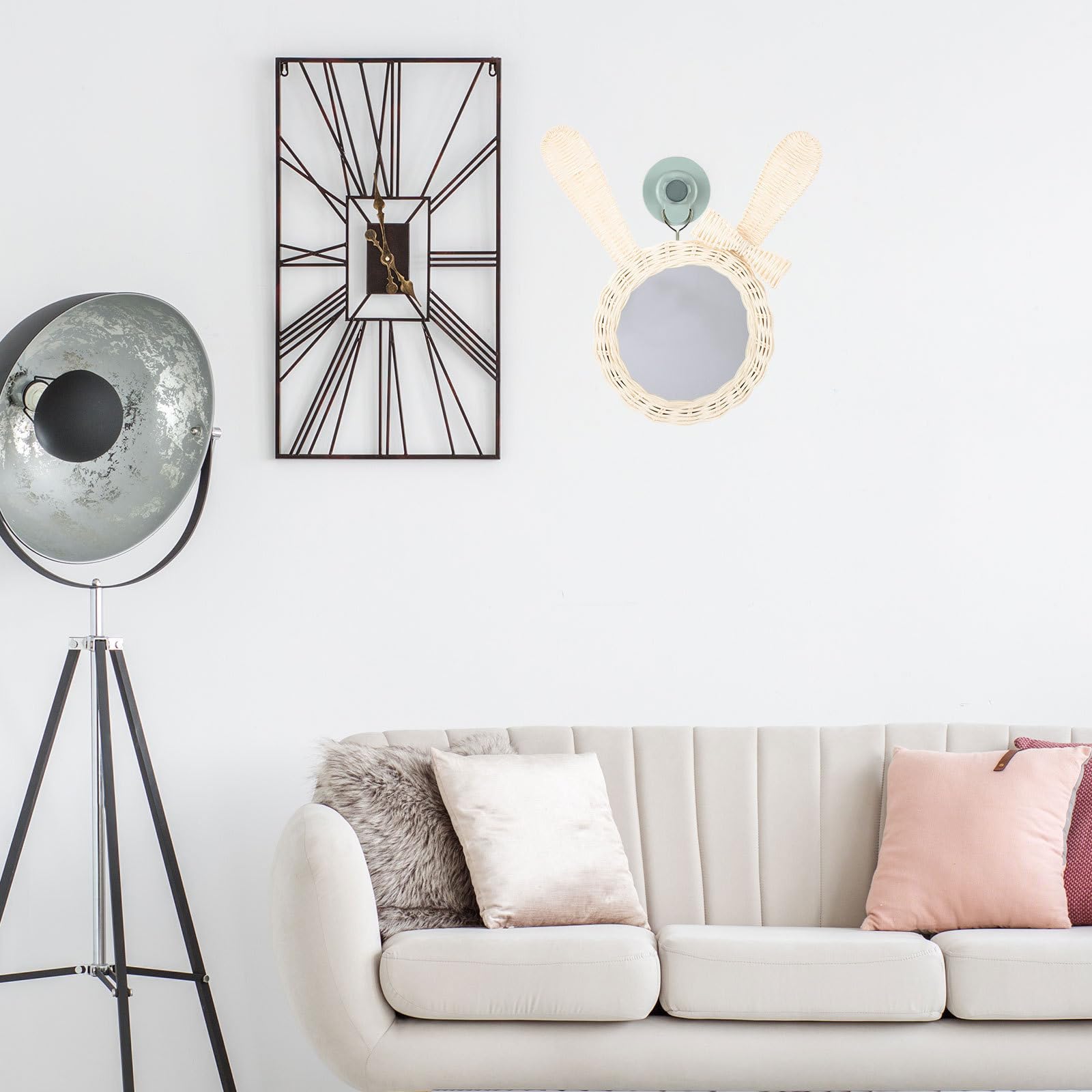 Espejo Colgante de Pared de Ratán Blanco Multipropósito para Baño y Sala, Decoración Elegante y Delicada para Maquillaje y Ambiente Moderno