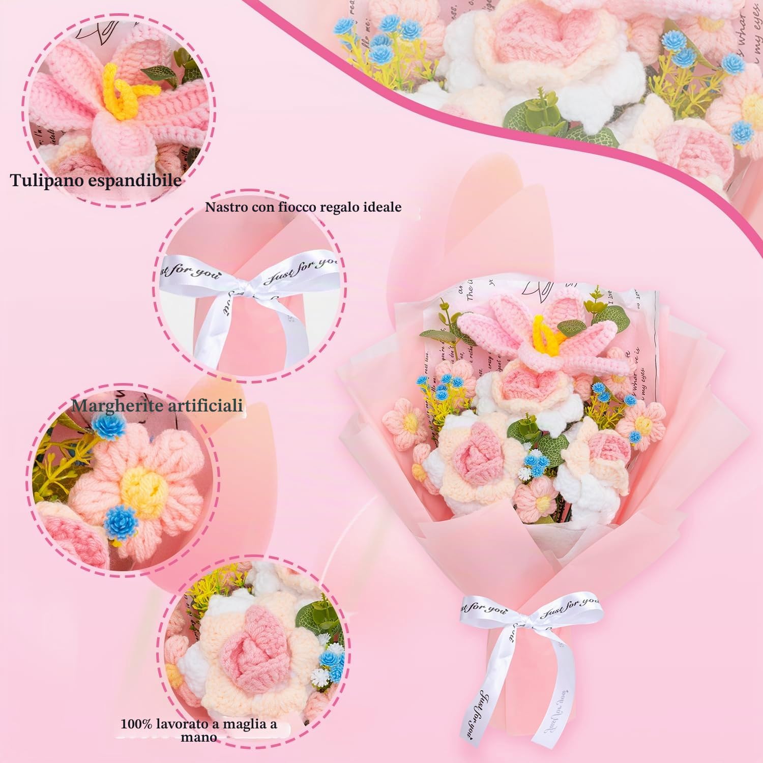 Bouquet di rose intrecciate a mano, Bouquet di fiori all'uncinetto artificiali, Adatto per la laurea, matrimoni, compleanni, festa della mamma - Incluso sacchetto regalo e biglietto