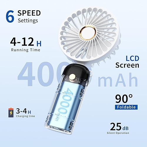 Miniatura 2 de Miniventilador portátil de mano, ventilador personal recargable por USB, ventilador de mesa de enfriamiento 5 en 1, 4000 mAh, 90 ajustable, 6