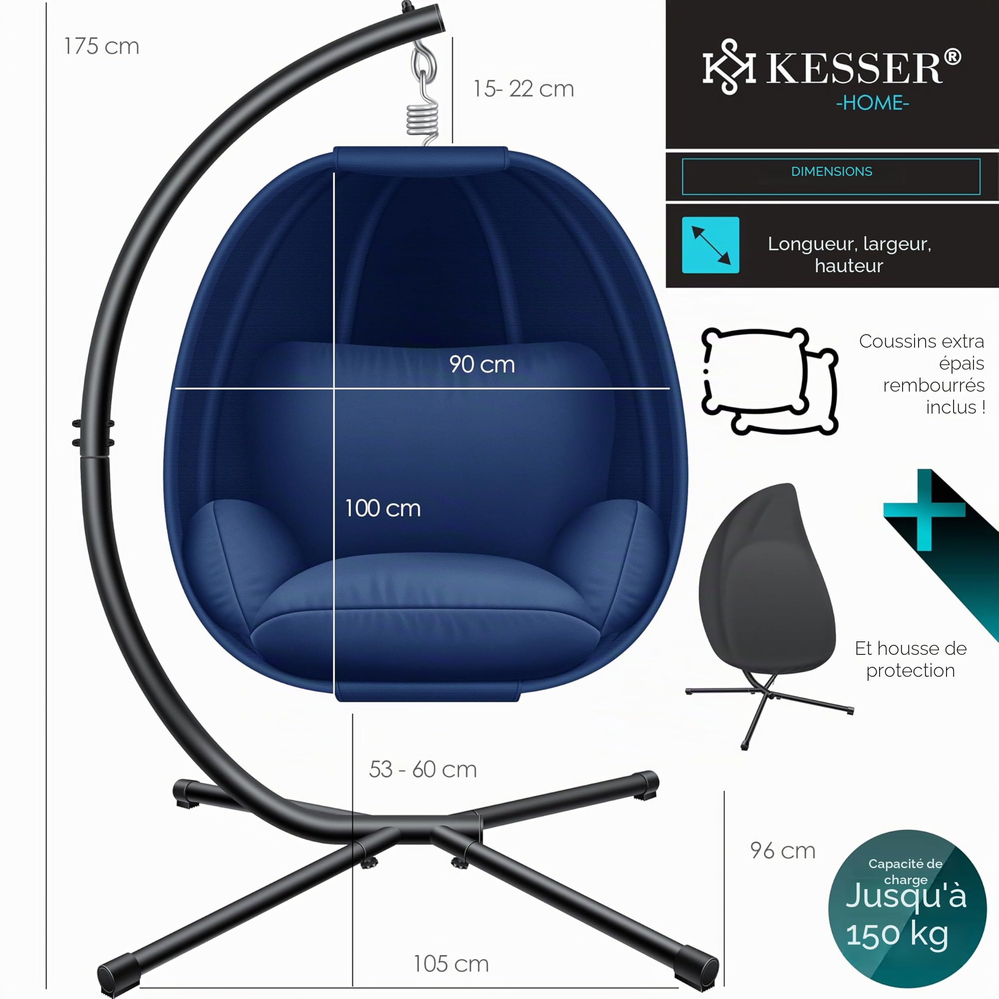 KESSER® Fauteuil Suspendu de Luxe avec Structure et Coussin d'assise Moelleux | Panier Suspendu intérieur et extérieur | Balançoire de Jardin | Panier Suspendu | Chaise Suspendue