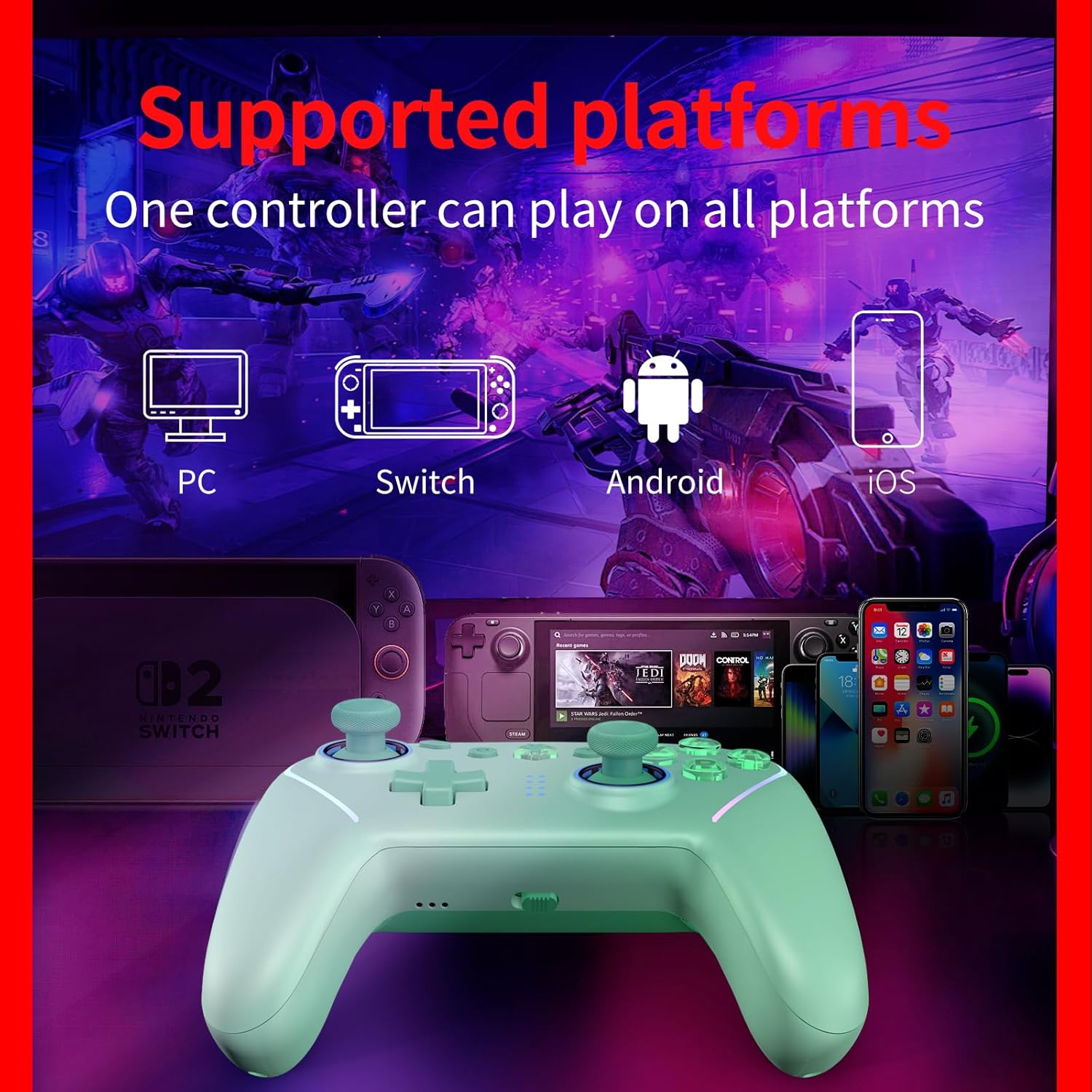 NBCP V8 Wireless Gaming Controller for Nintendo Switch/Switch OLED/Switch Lite/Switch 2, Steam Deck, PC, Laptop, Android & iOS Mobile - RGB Backlight, NFC, Gyro, 4-Level Vibration, Drift Correction, Turbo, Macro, 1020mAh Battery (Green)