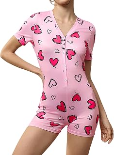 WDIRARA Women's Heart Print Romper Pajama Button Down Short Sleeve Casual Sexy Bodysuit Sleepwear