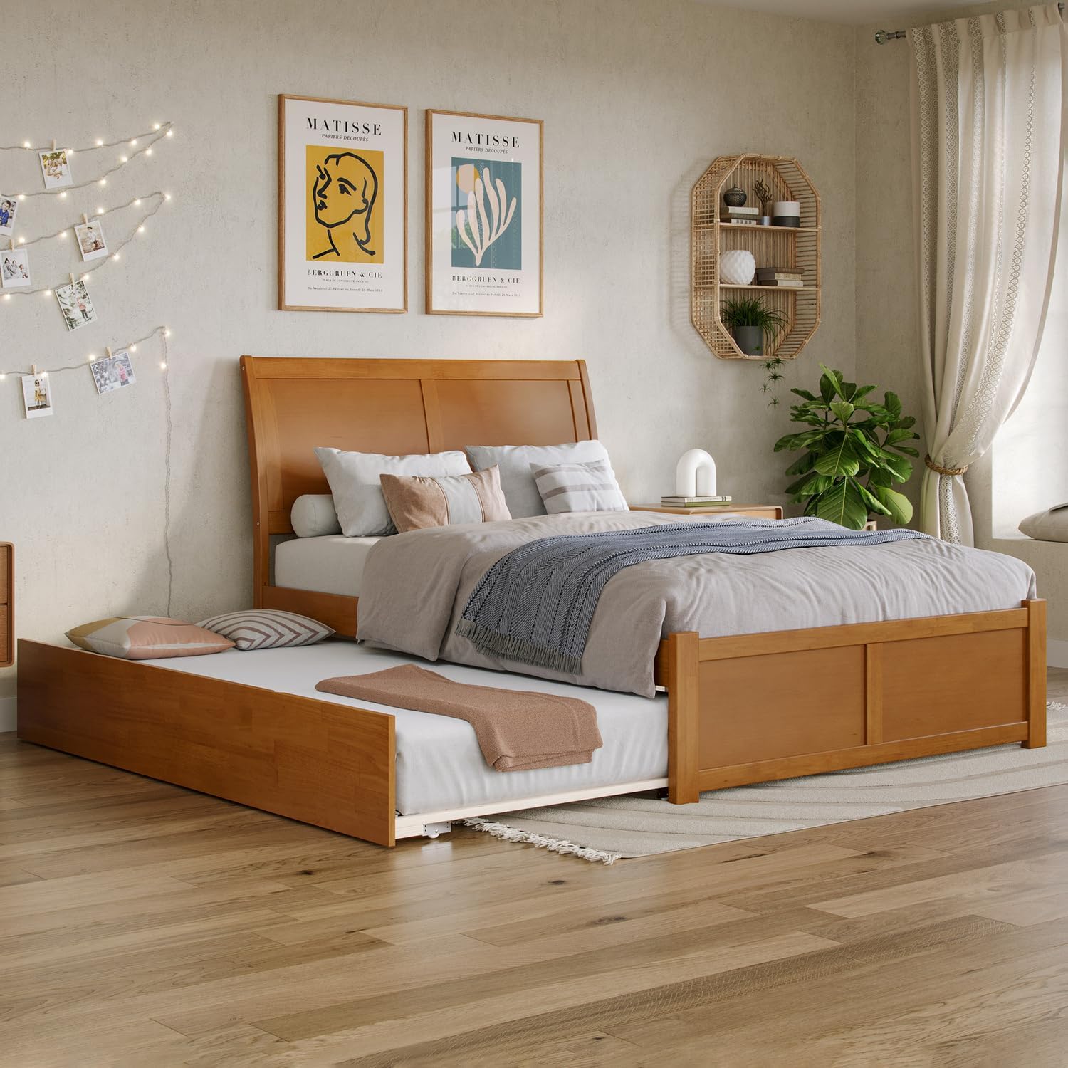 HomeStock Full Platform Bed with Footboard & Full Trundle in Light Toffee