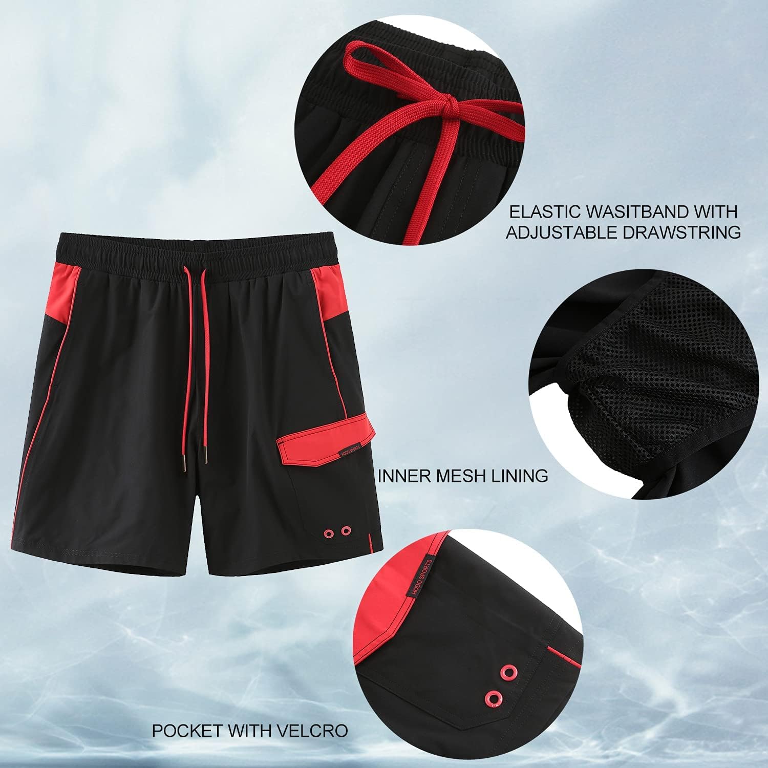 HODOSPORTS Mens 8" Swim Trunks Quick Dry Bathing Suit with Mesh Liner (Regular & Big Tall Sizes) Large Black/Red