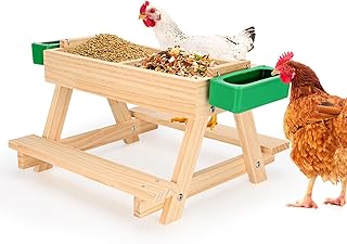 Chicken Picnic Table, Wooden Chicken Feeder No Waste Handmade Carbonized, Large DIY Picnic Table and 2 Water Feeder Kit, Mesh Bottom Keeps Food Fresh and Dry for Wild Birds, Ducks, Squirrels