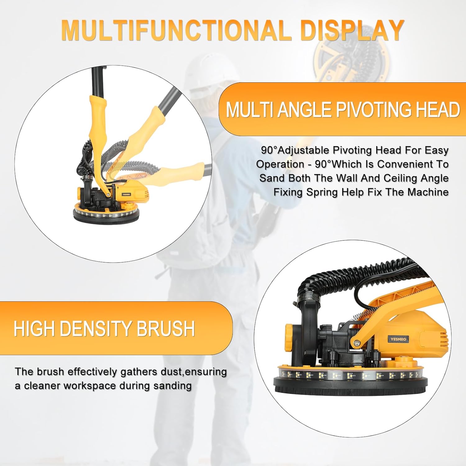 Drywall Sander, 850w Popcorn Ceiling Removal Tool,Variable Speed 800-2100rpm,Double-Deck LED Light, Foldable & Extendable Handle, 10 Sanding Discs