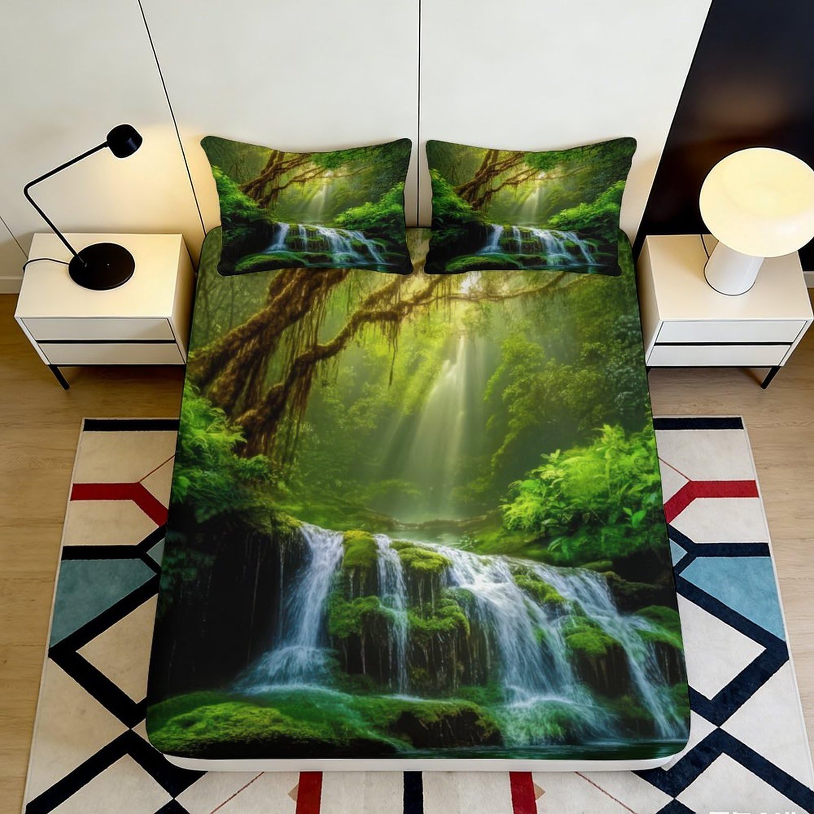 3D Printed Forest Waterfall Fitted Sheet Microfiber Green Nature Scene Bed Cover for Bedroom Dorm Mattress Decor 120x200x25cm