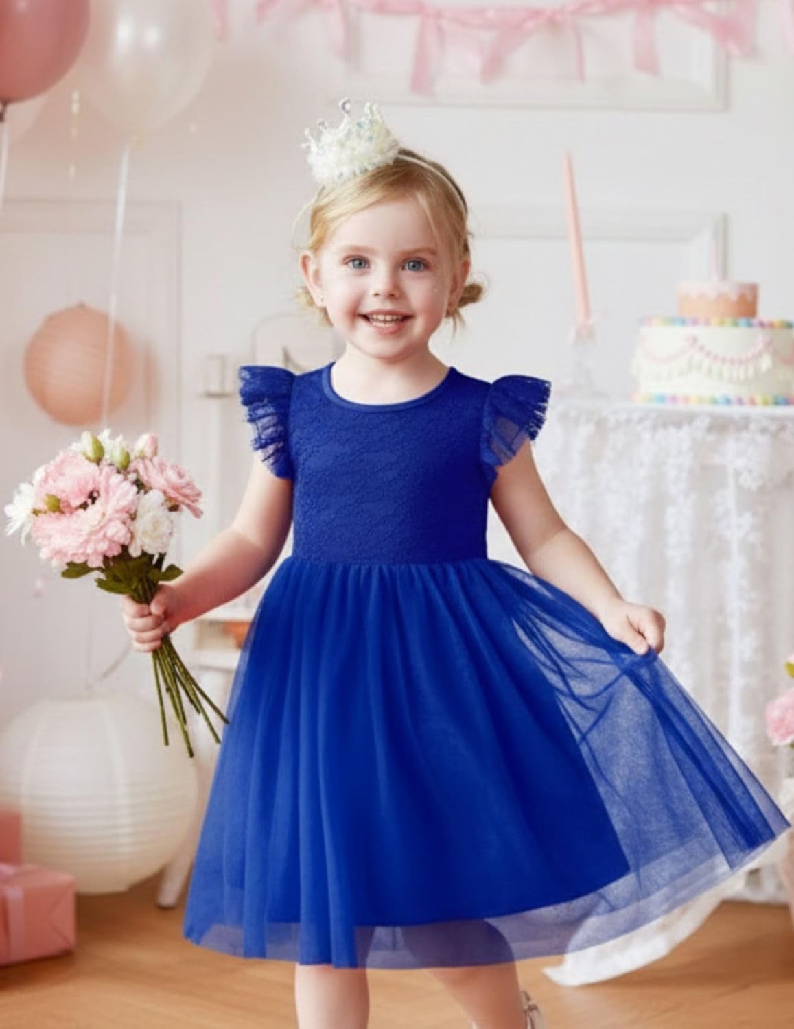 Arshiner Toddler Lace Tutu Dresses Ruffle Sleeve 3 Layers Tulle Flower Wedding Birthday Summer Little Girls Dress - Image 5