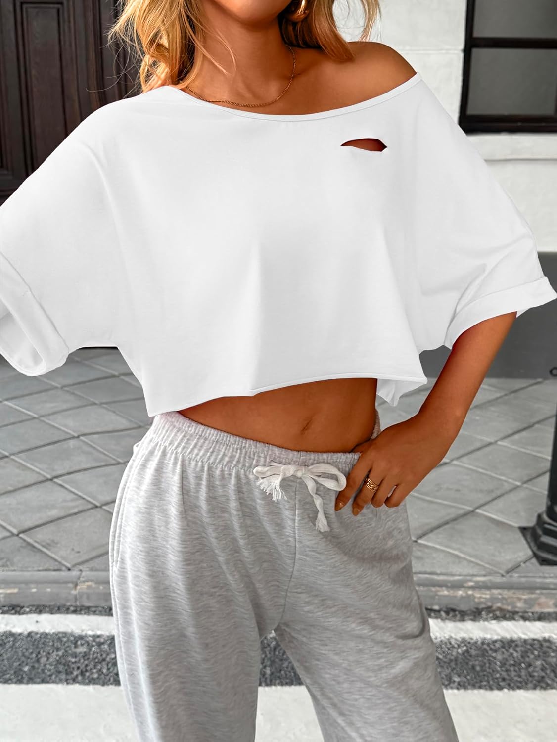 SOFIA'S CHOICE Women Distressed Off Shoulder Crop Top Ripped Loose Short Sleeve T Shirt - Image 2