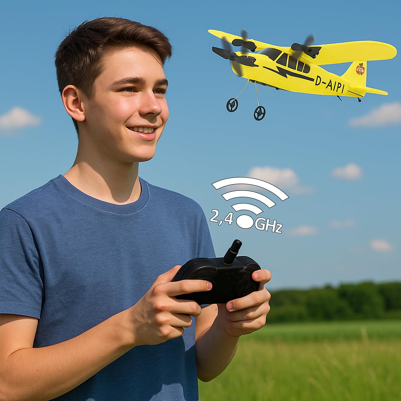 JAMARA 410191 Piper J3-CUB Aereo 2,4 GHz Gyro 2CH – 2,4 GHz Funzionamento Multiplayer, Microschiuma Flessibile, Adatto per Principianti