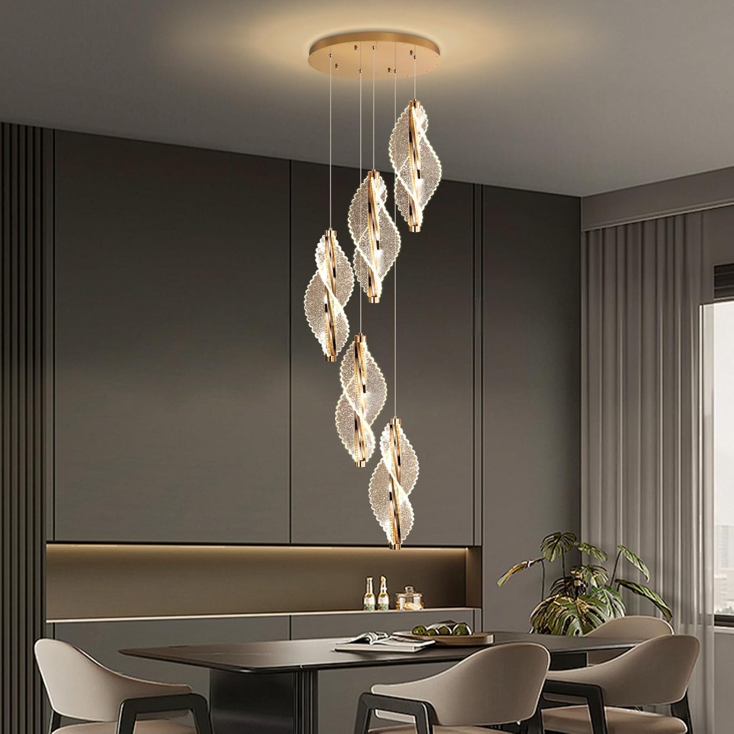 5-Light Gold Modern Chandelier Dimmable Light Fixture High Ceiling Chandelier for Foyer Acrylic Chandeliers Adjustable for Staircase Living Room Enterway Corridor LED Included