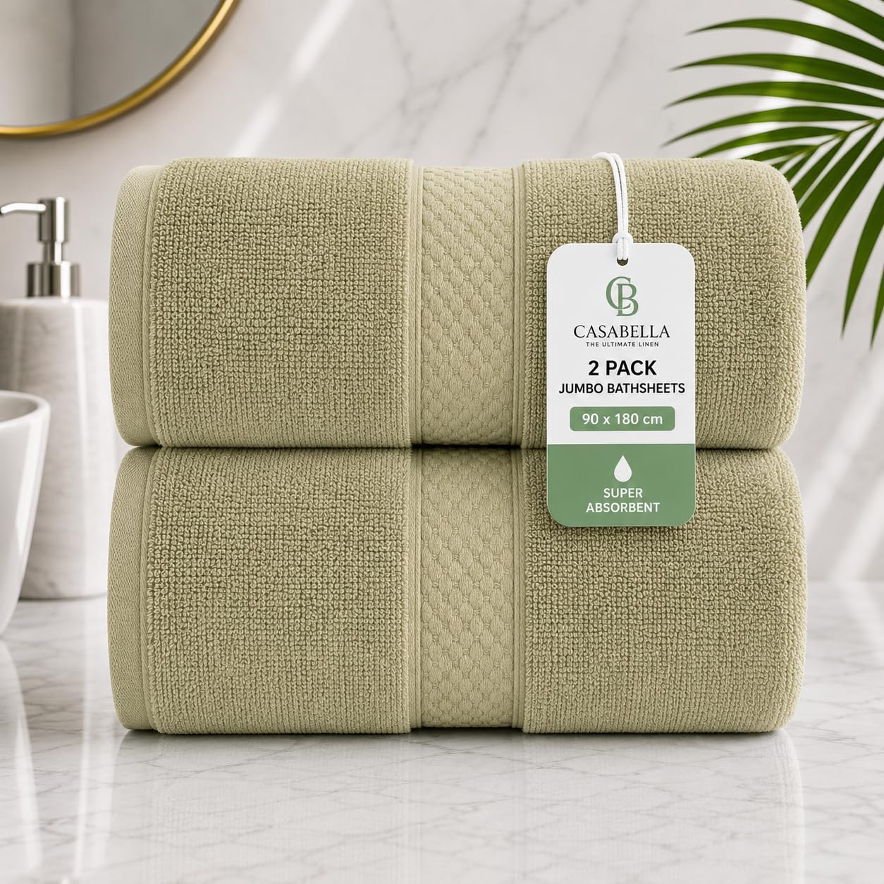 Casabella CB 2 Piece Jumbo Bath sheet 100% Combed Cotton Extra Large Bath Towel bale set super Absorbent Soft Smoke Green 2 Pack 90X180 CM Bath-sheets for bathroom — image 1
