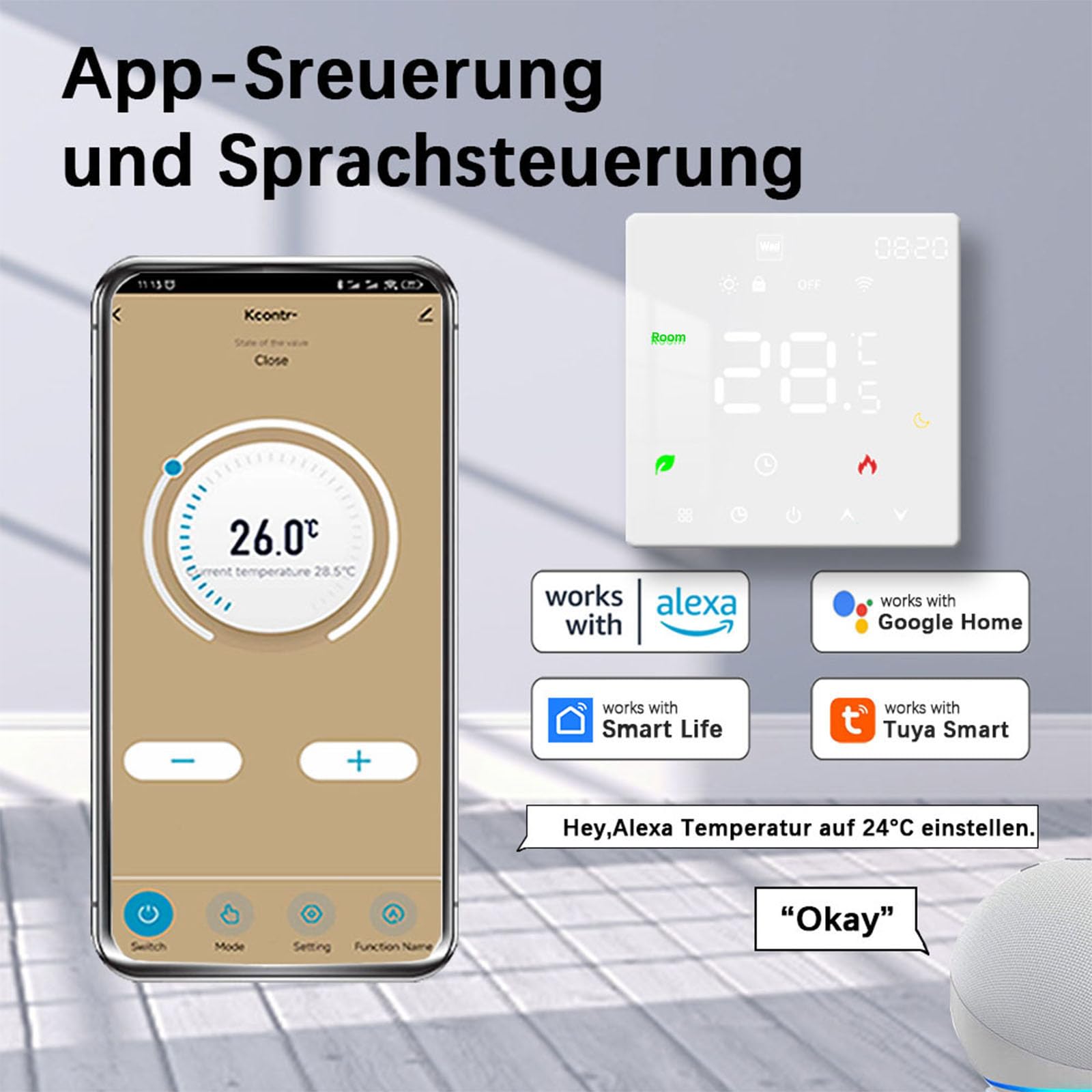 WiFi Thermostat Fussbodenheizung Für Wasser Fußbodenheizung, Programmierbar Raumthermostat, Thermostate Heizung kompatibel mit Alexa, Google Home, Tuya, 230V Weiß