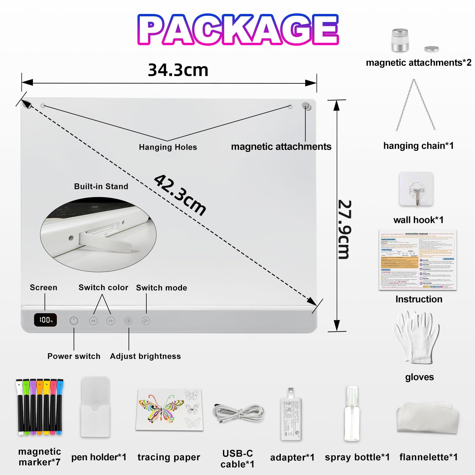 Tableau lumineux LED à notes avec couleurs, Ardoise lumineuse LED pour enfants rechargeable, 13 couleurs, 35x25 cm, inclut adaptateur, chaîne de suspension et support, Tableau à notes en acrylique
