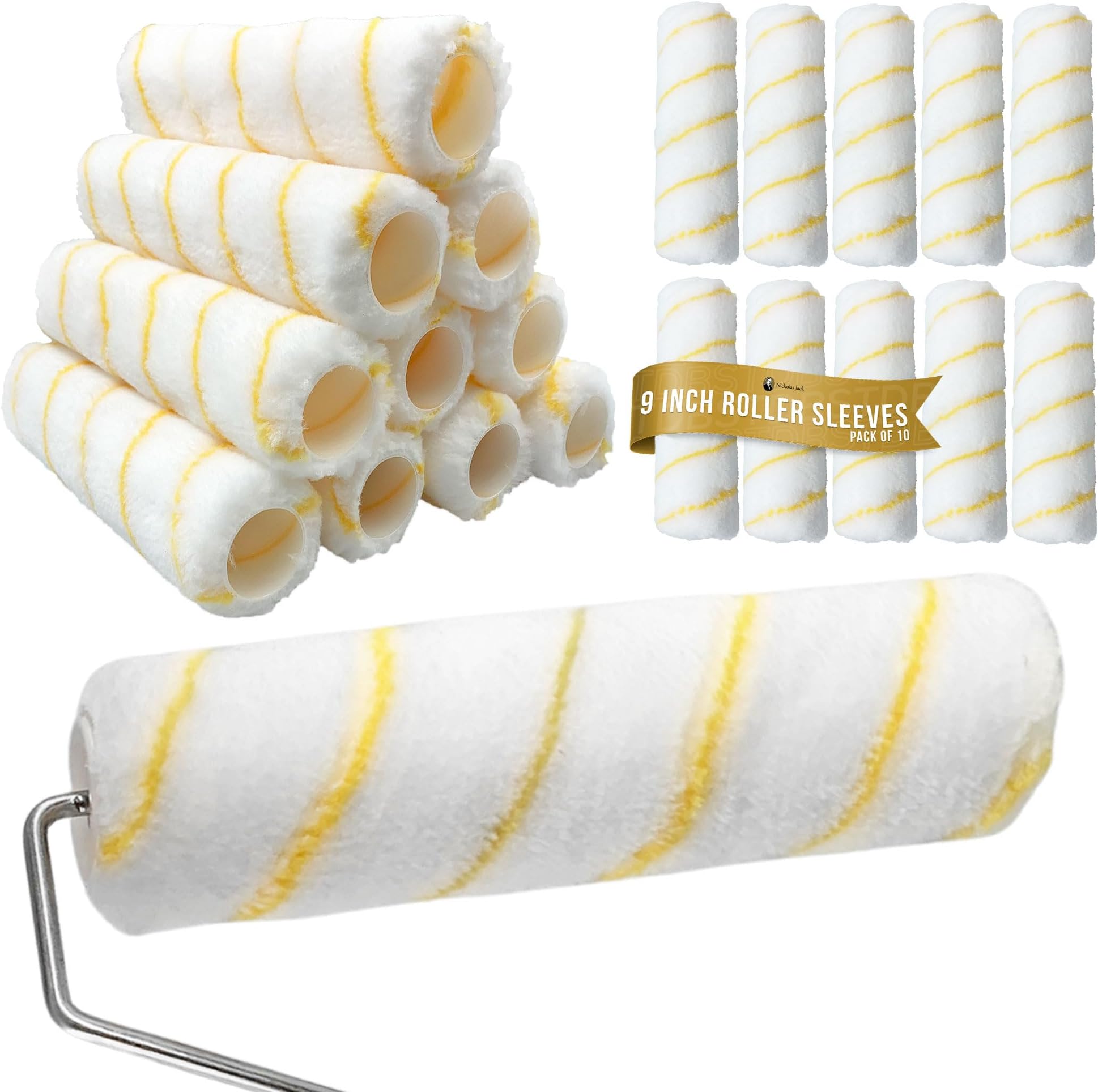 Nicholas Jack 9 inch Roller Sleeves, Pack of 10 Rollers for Painting Walls and Ceilings with 1.5" Standard Fitting − Professional Paint Roller Sleeve for Smooth Finish Emulsion Paint