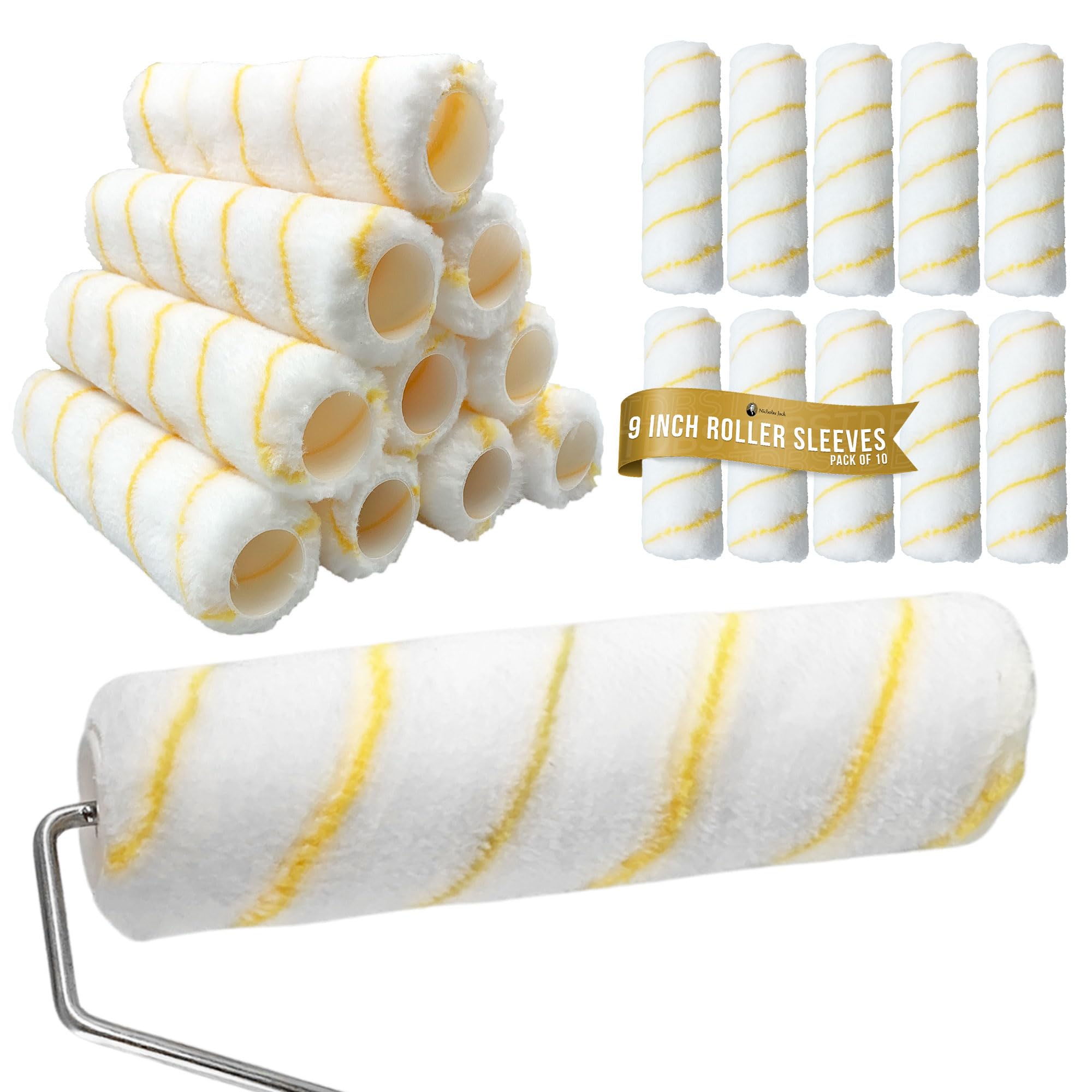 Nicholas Jack 9 inch Roller Sleeves, Pack of 10 Rollers for Painting Walls and Ceilings with 1.5" Standard Fitting − Professional Paint Roller Sleeve for Smooth Finish Emulsion Paint