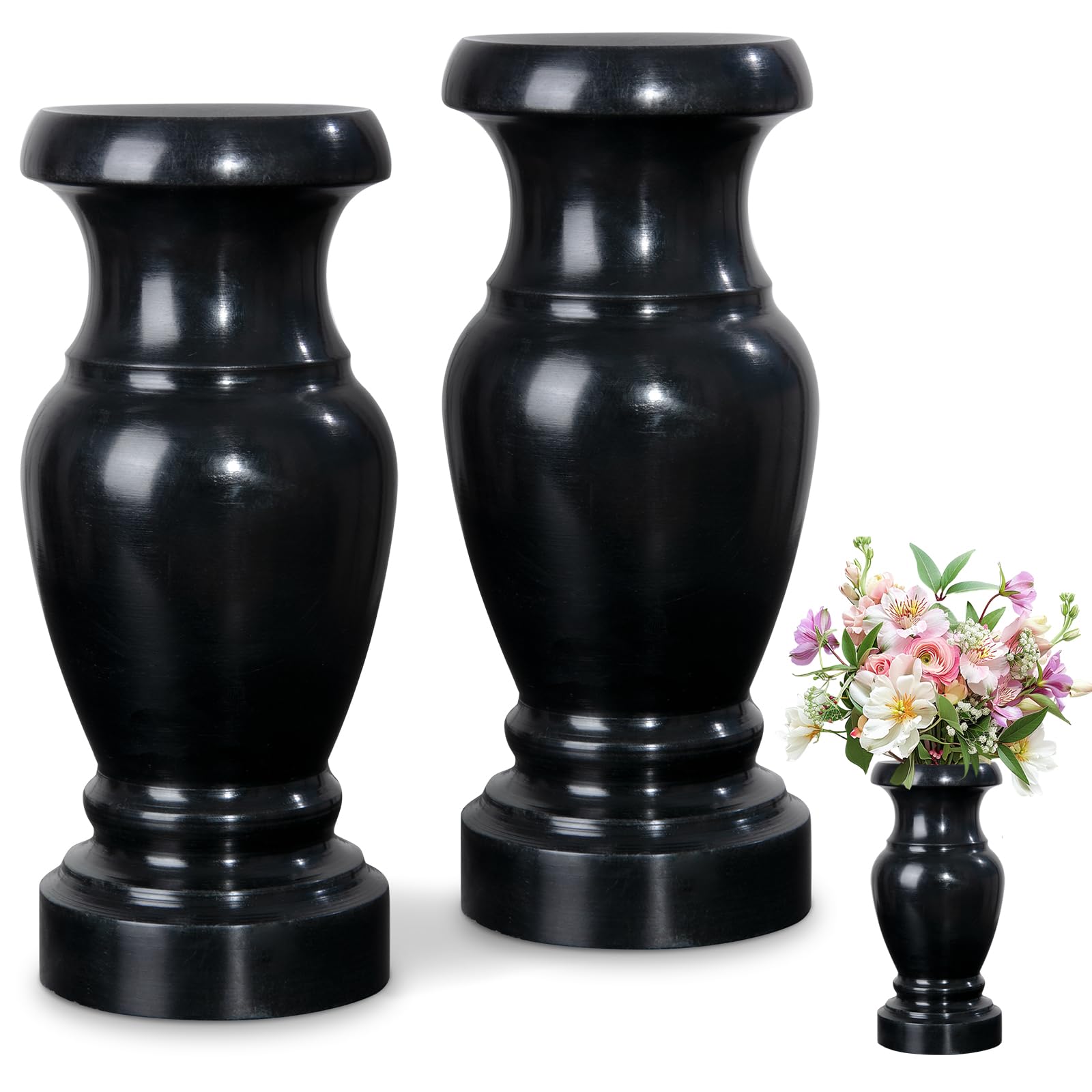 Vase funéraire, vase funéraire en granit pour mémorial, décoration de table, fleurs artificielles ou fleurs fraîches, décorations de tombe pour le jardin (2 pièces, noir), sans trou de drainage