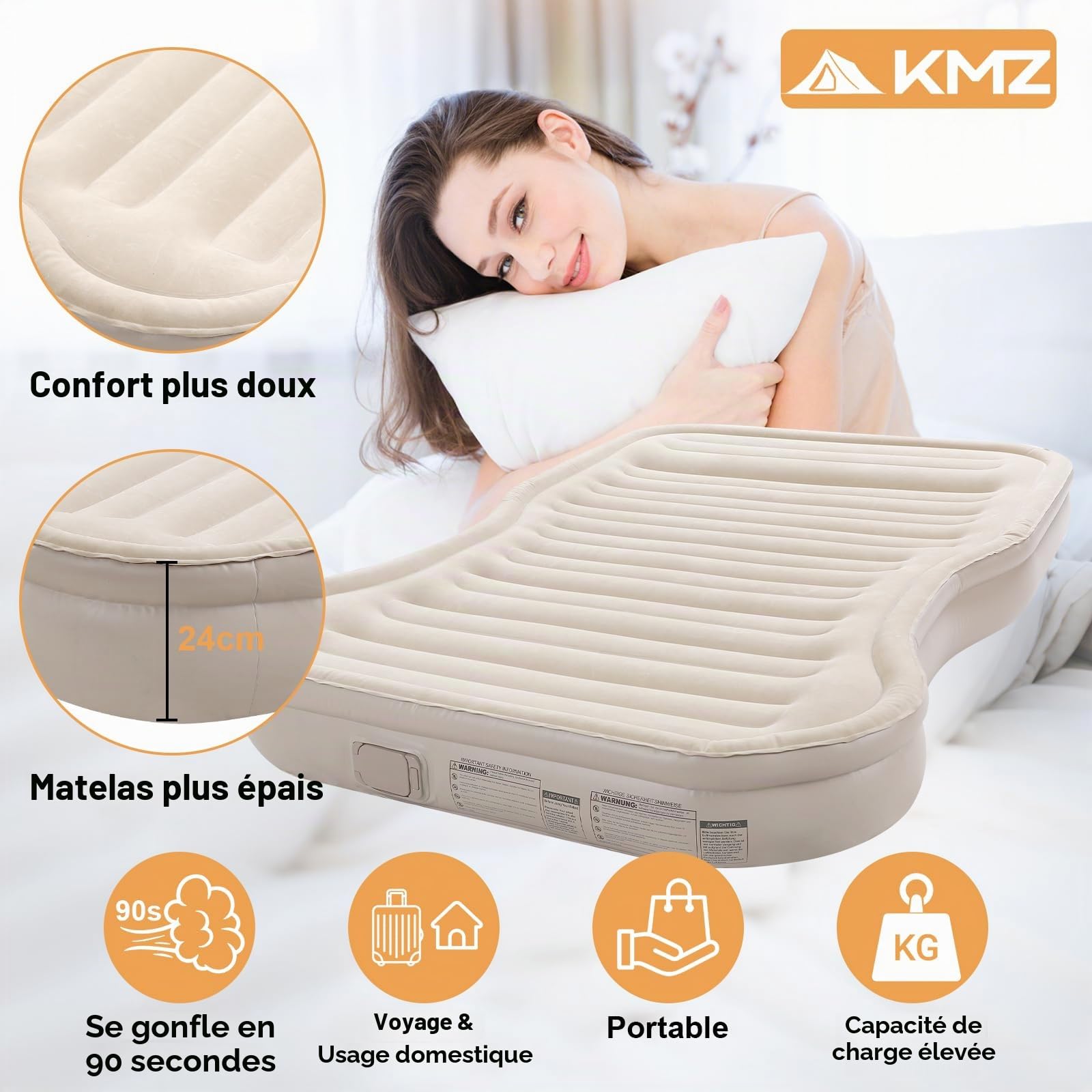 KMZ Matelas gonflable pour SUV avec pompe intégrée et 2 oreillers, PVC floqué épais, matelas gonflable à gonflage rapide en 90 secondes, portable et durable pour camping, voyage, camion
