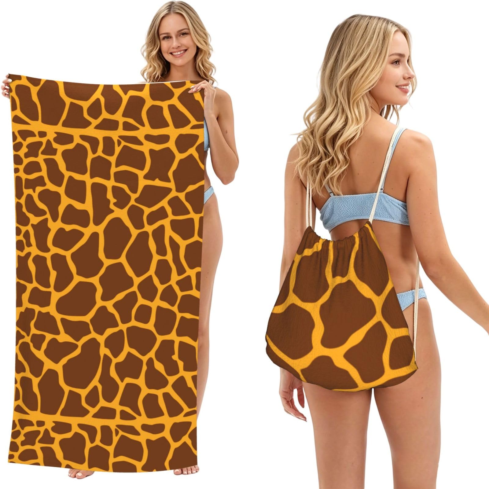 Poadnly As Picture Giraffe Print, 2 In 1 Packable Towel Bag, Beach Towels With Drawstring Backpack For Travel Holiday Camping