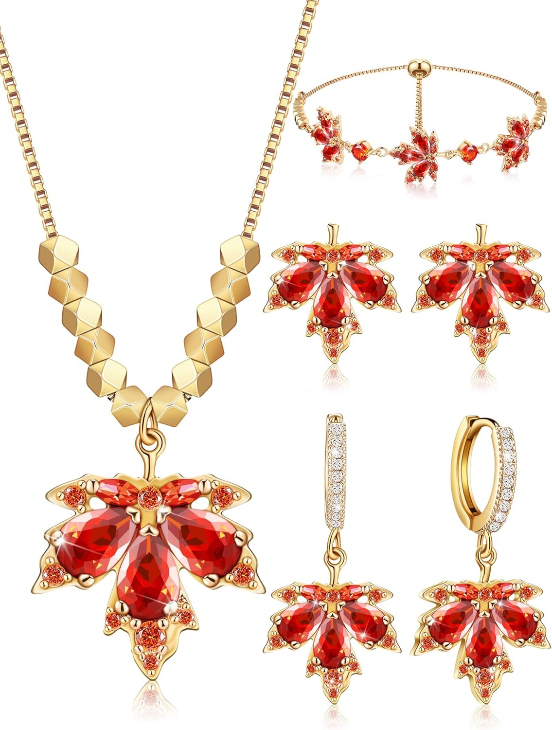 Sasylvia 4 Pcs Fall Maple Leaf Jewelry Set for Women Autumn Thanksgiving Earring Necklace Bracelet Rhinestone Accessory Gift