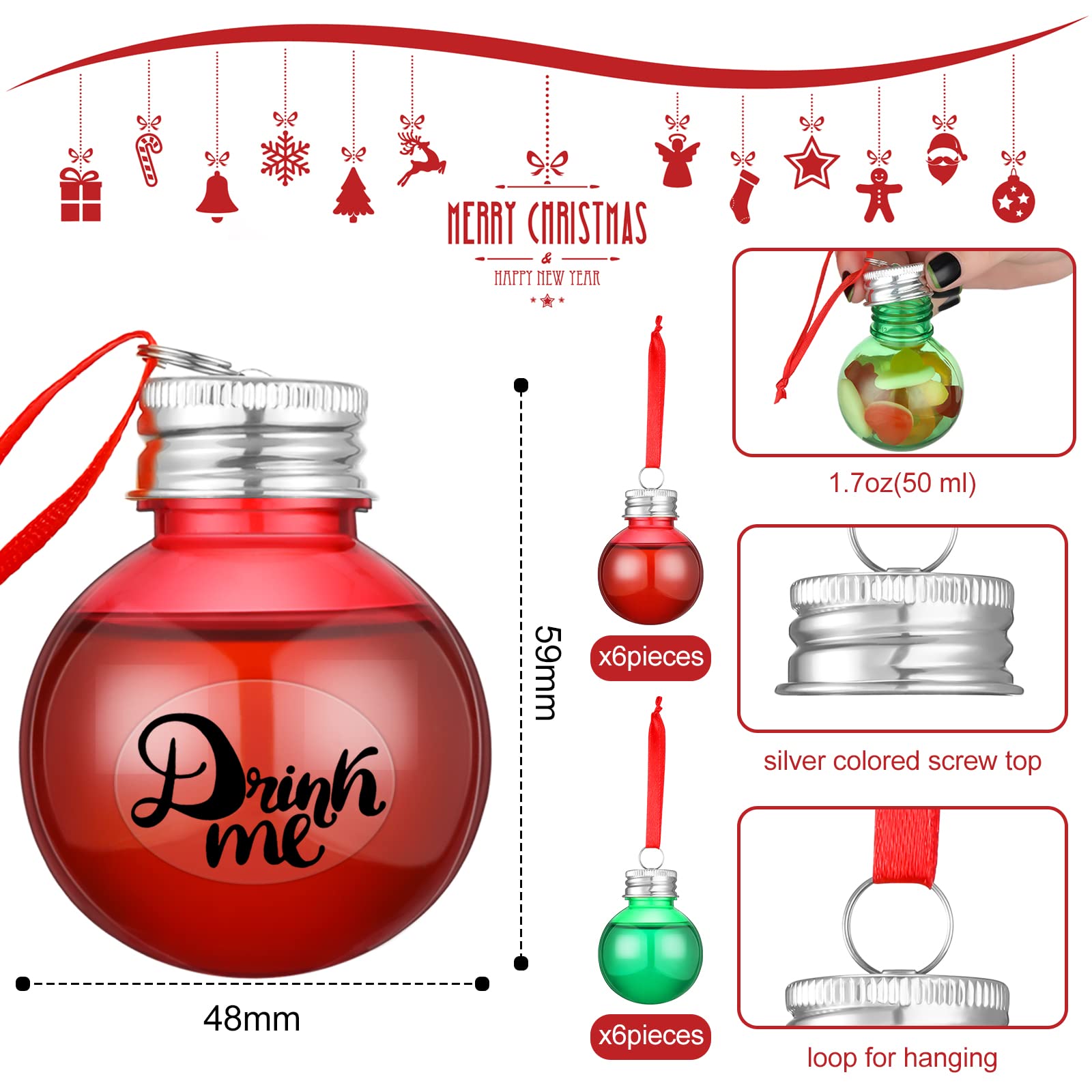 Christmas Clear Plastic Ornaments Balls Christmas Fillable Tree Plastic Hanging Ornaments Water Bottle Bulbs for Home Holiday Decor(Green Red with Silver Lid,14 Pieces)