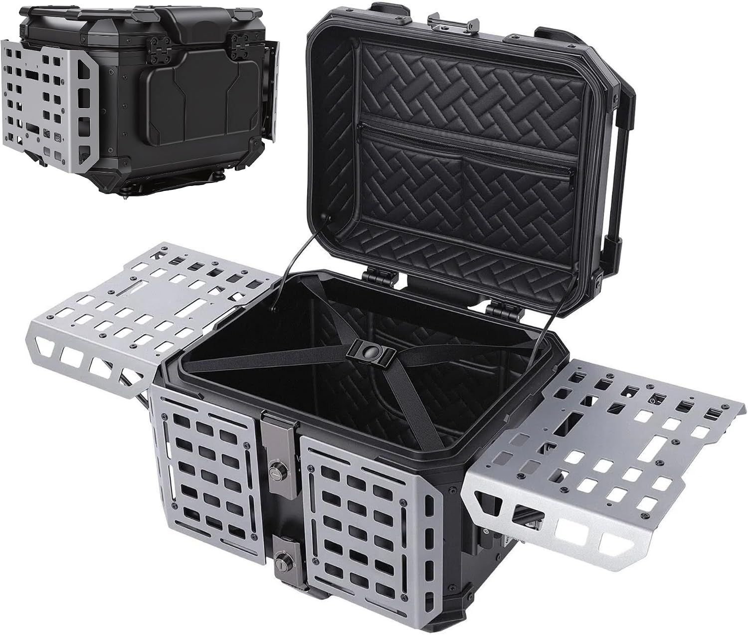 Motorcycle Top Case, 45L Universal Aluminum Motorcycle Trunk with Lining, Back Cushion & Side Panels, Waterproof Motorbike Tail Bag with Lock, Detachable Motorcycles Top Box Tour Storage Carrier Case