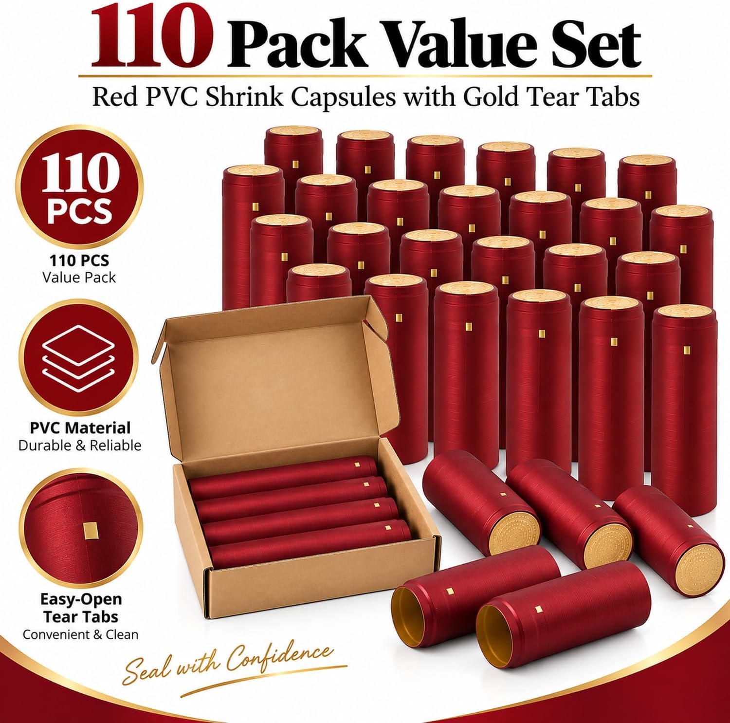 Enenes 110 Pack PVC Wine Bottle Shrink Capsules with Gold Tear Tabs